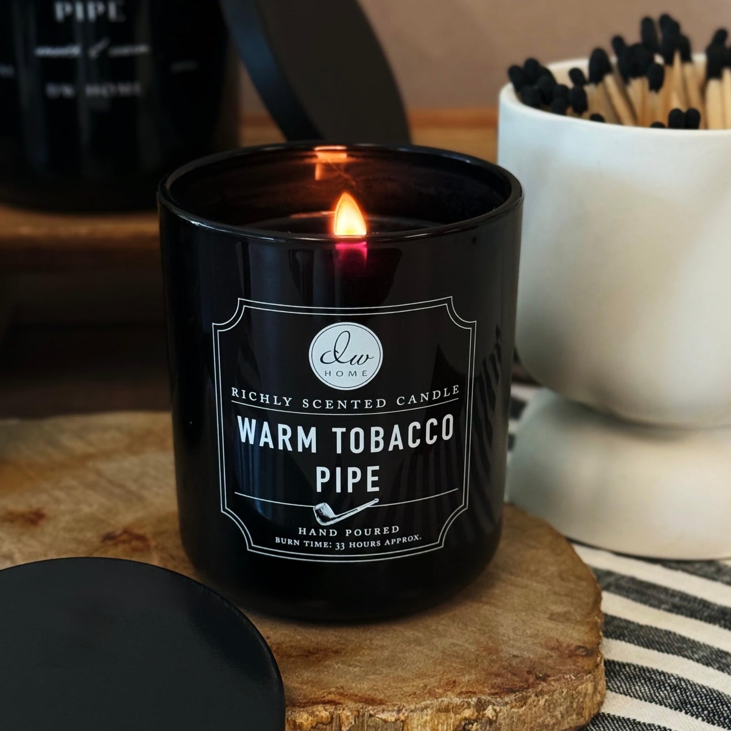 DW Home Warm Tobacco Pipe Scented Candles, 9 oz Single Wick Medium Jar, Up to 33 Hour Burn Time, Hand-Poured, Strong Long Lasting Woodsy Fragrance, Gifts for Men & Women