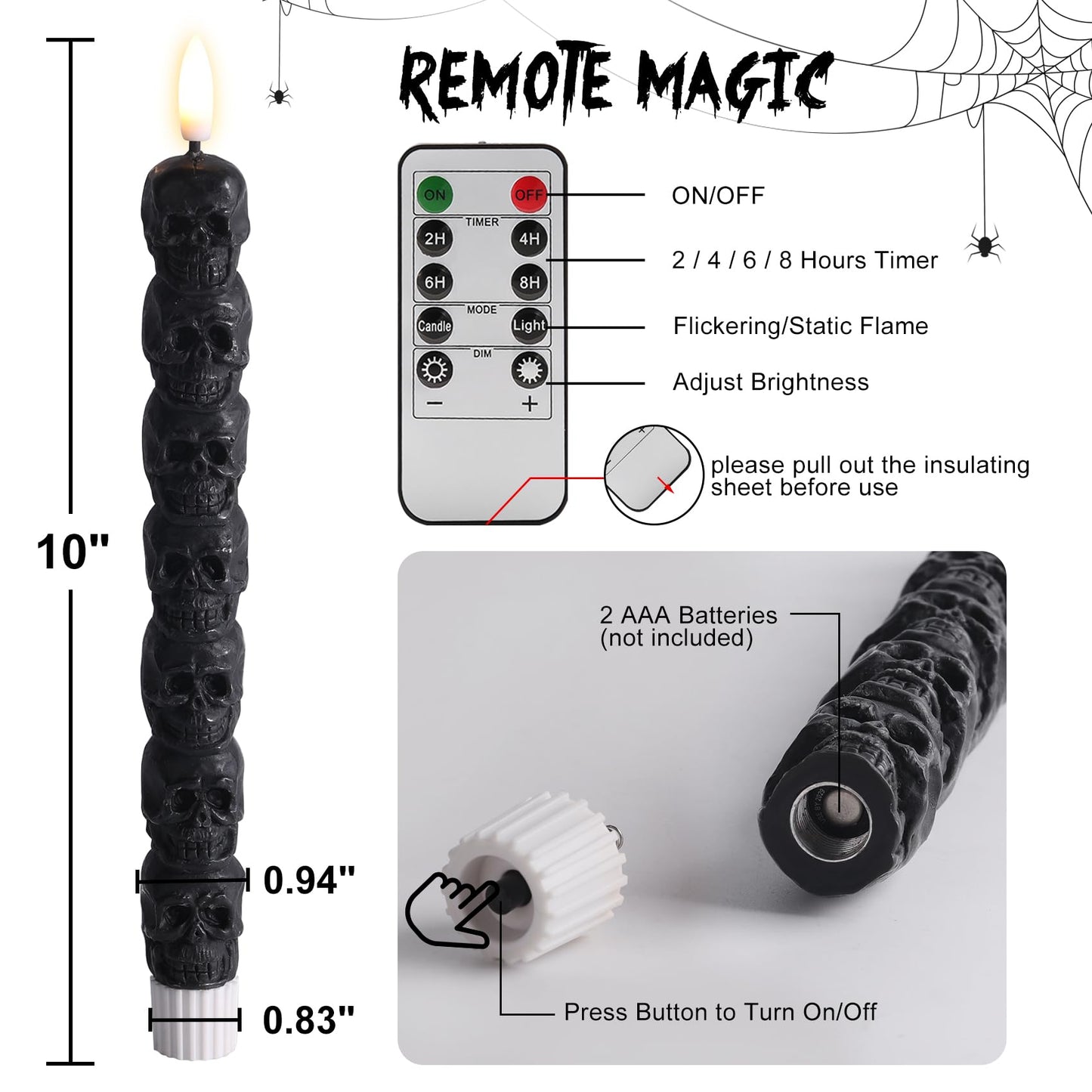 Eywamage Halloween Flameless Taper Candles with Remote, Spooky Black Skull LED Candlesticks Battery Operated Flickering Real Wax Set of 2
