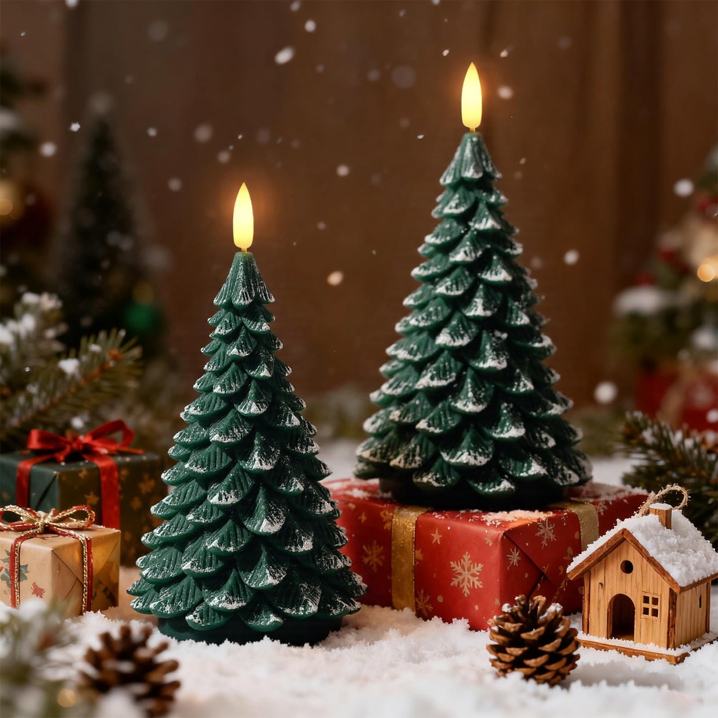 ARIKJ Christmas Decorations Indoor, Christmas Decor - Christmas Tree Candles Battery Operated, Flameless LED Candle Lights with 6H Timer, Xmas Home Decor, Set of 2(Green)