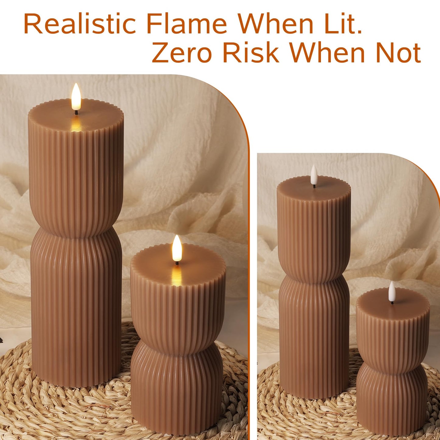 Girimax Warm Brown Ribbed Flameless Pillar Candles with Remote, Real Wax Flickering Battery LED Candles Christmas Decor Gift Set of 2