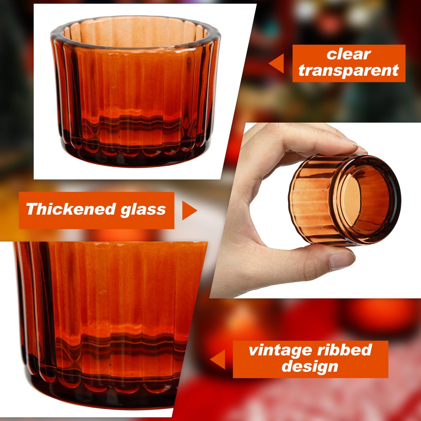 Mumufy 100 Pcs Glass Tealight Candle Holder Ribbed Votive Candle Holder for Centerpiece Wedding Proposal Spa Aromatherapy Meditation Home Decor (Amber)
