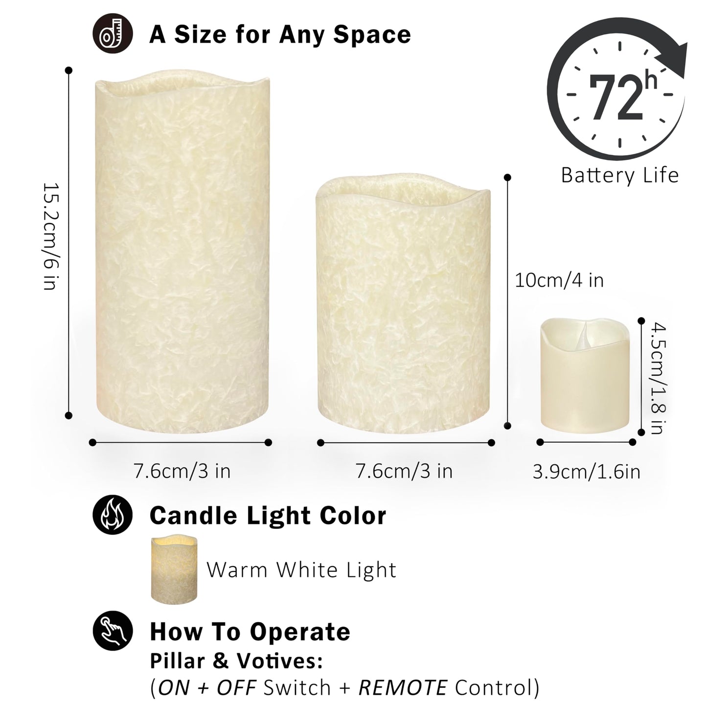 FURORA LIGHTING Ivory Crystallized Flameless Candles - Real Wax, Adjustable Brightness, Remote & Timer - 4 Pillars (3x4, 3x6) and 4 Votives, 8-Pack, Battery Operated