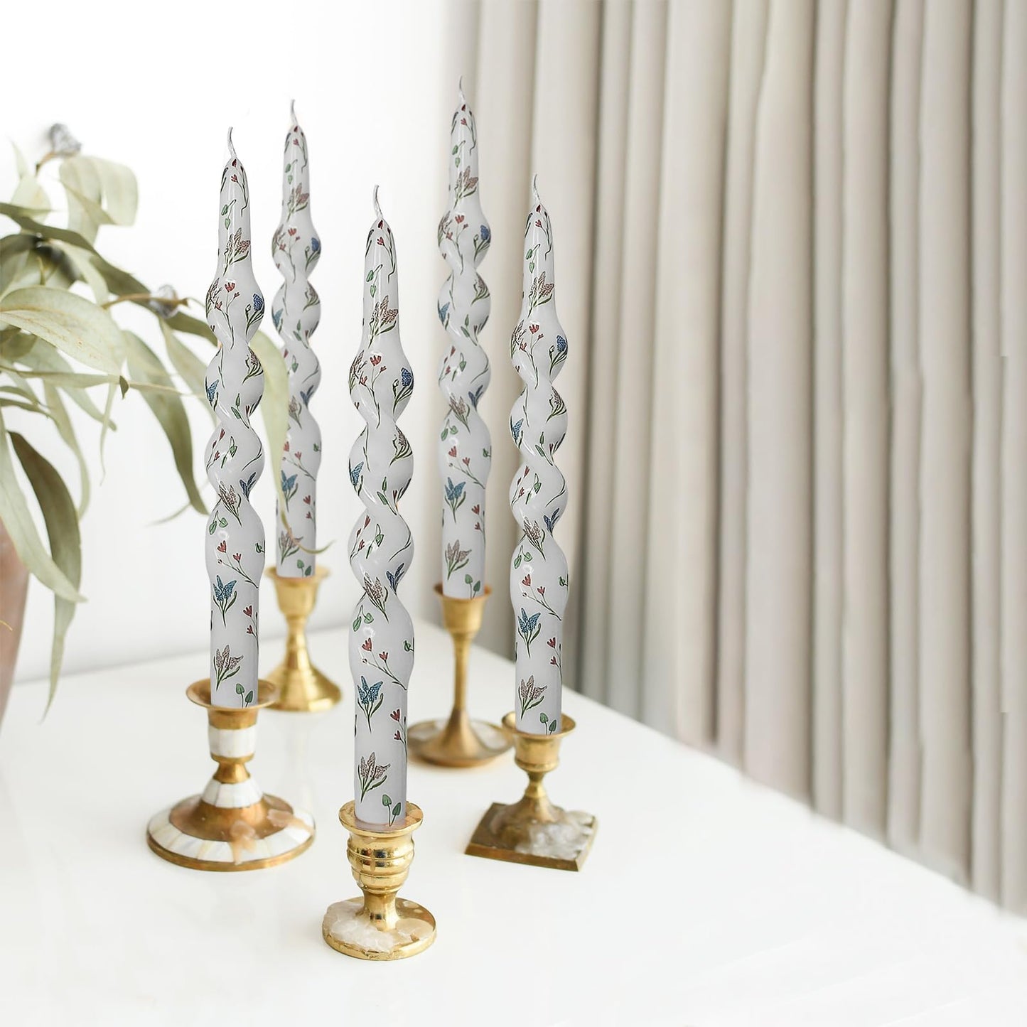 Printed Spiral Candlestick Hyacinth Floral Candle Sticks 10 Inch Long Taper Candle Handmade Twisted Candles for Home Wedding Holiday Party Decor & Gifts Set of 4