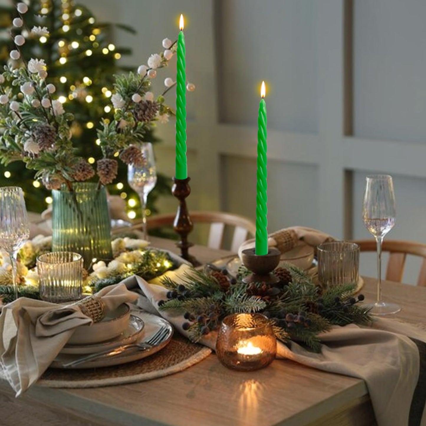 10 Inch Green Twisted Taper Candles Set for Christmas and Spring, Unscented Dripelss Candlesticks for St. Patrick's Day Holiday Party Decoration