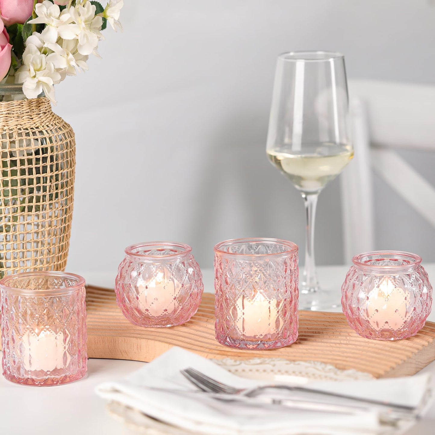 DARJEN Pink Votive Candle Holders- 10Pcs Glass Tealight Candle Holder, Size Upgrade Design for Home Decor, Romantic Candle Holder for Party & Dinner Table Centerpieces, Living Room Decor Gifts