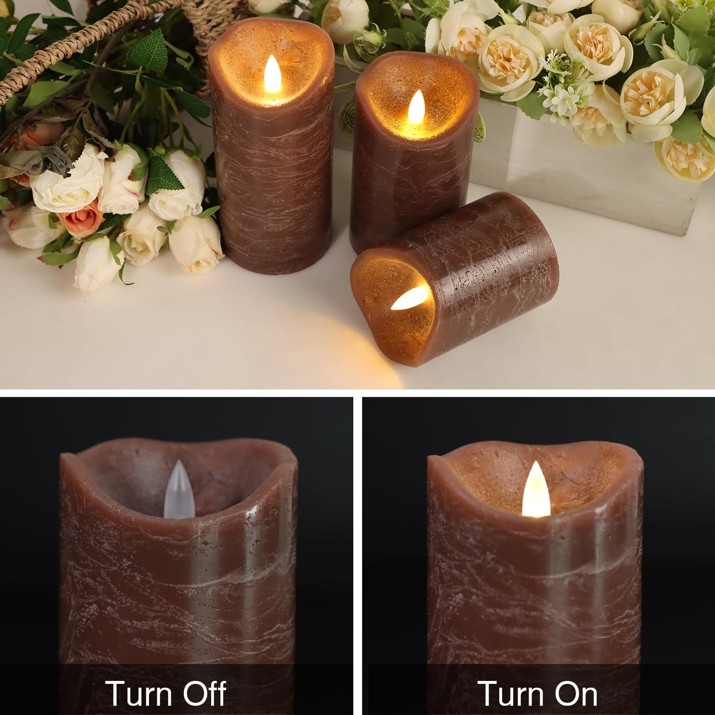 7LinRay Brown Flameless Candles with Remote, Real Wax Battery Operated LED Candles, Flickering Flameless Pillar Candles for Wedding, Festival, Set of 3
