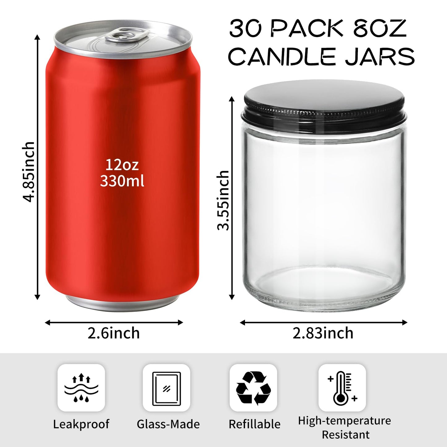 KEYWING 30Pack 8oz Candle Jars with Lids, Clear Glass Jars with Black Metal Lids, Empty Jar for Candle Making, Powders, Cream