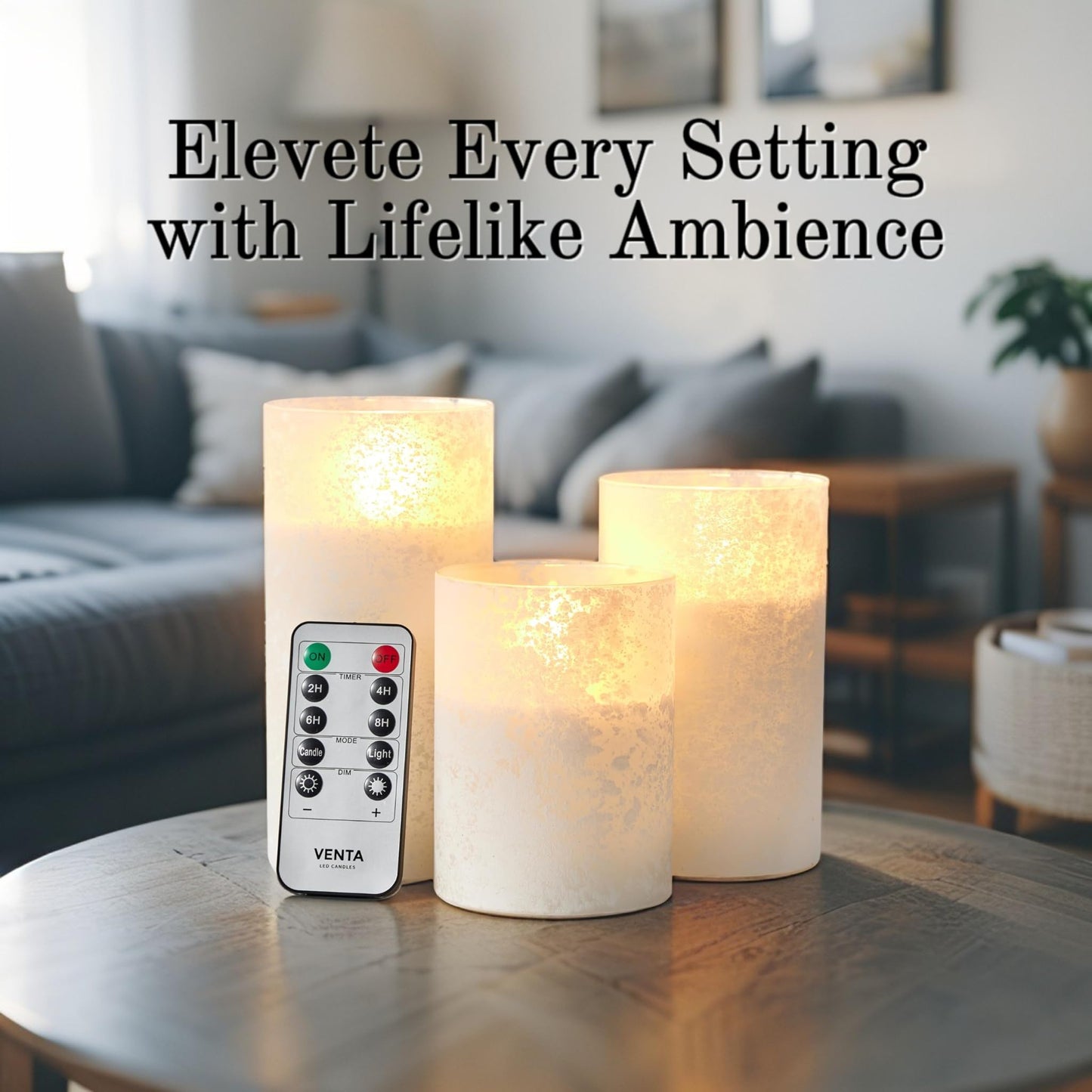VENTA Frosted Glass LED Candles, Set of 3 | Warm Amber Flickering Pillar Candles with Remote | Creates Cozy, Relaxing Hygge Ambiance for Bedroom & Living Room