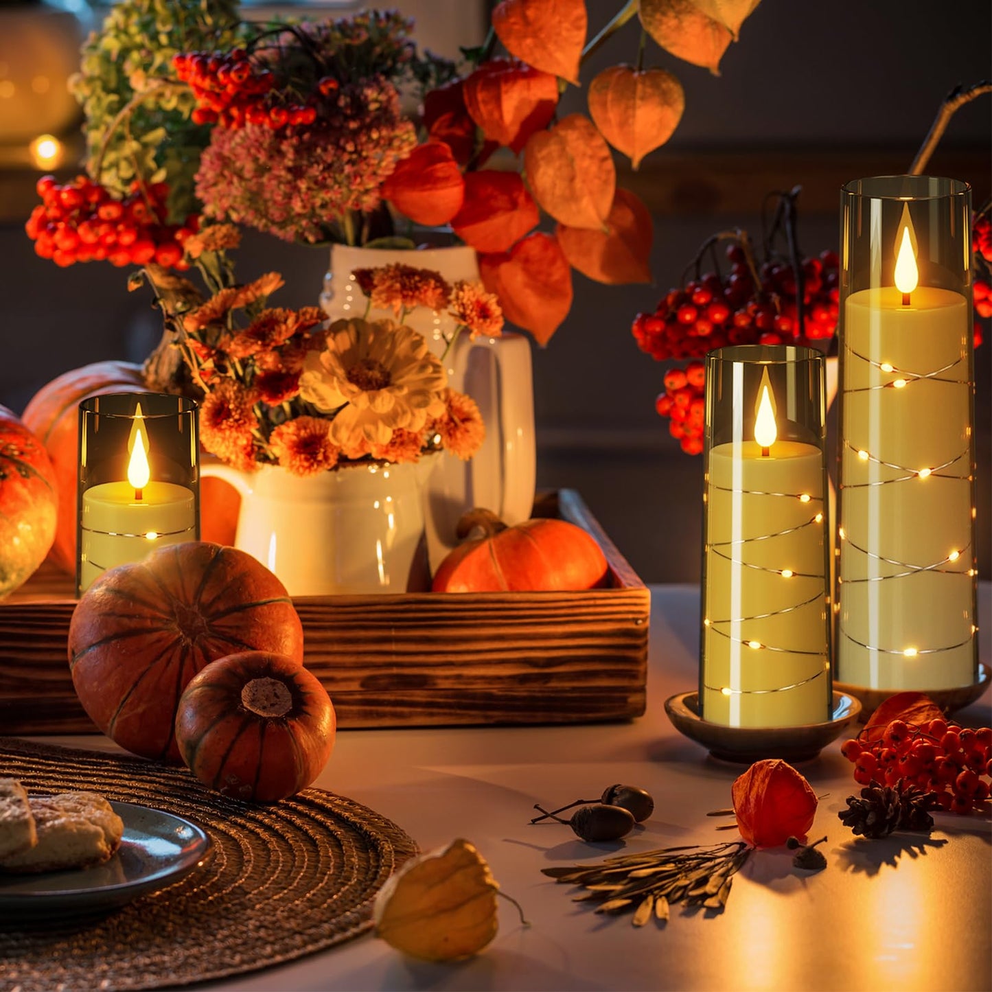 Wondise Flameless Flickering Candles with Embedded Star String Remote and Timer Battery Operated Flickering LED Candles Durable Acrylic Shell Pillar Candles for Christamas Home Decoration (Grey