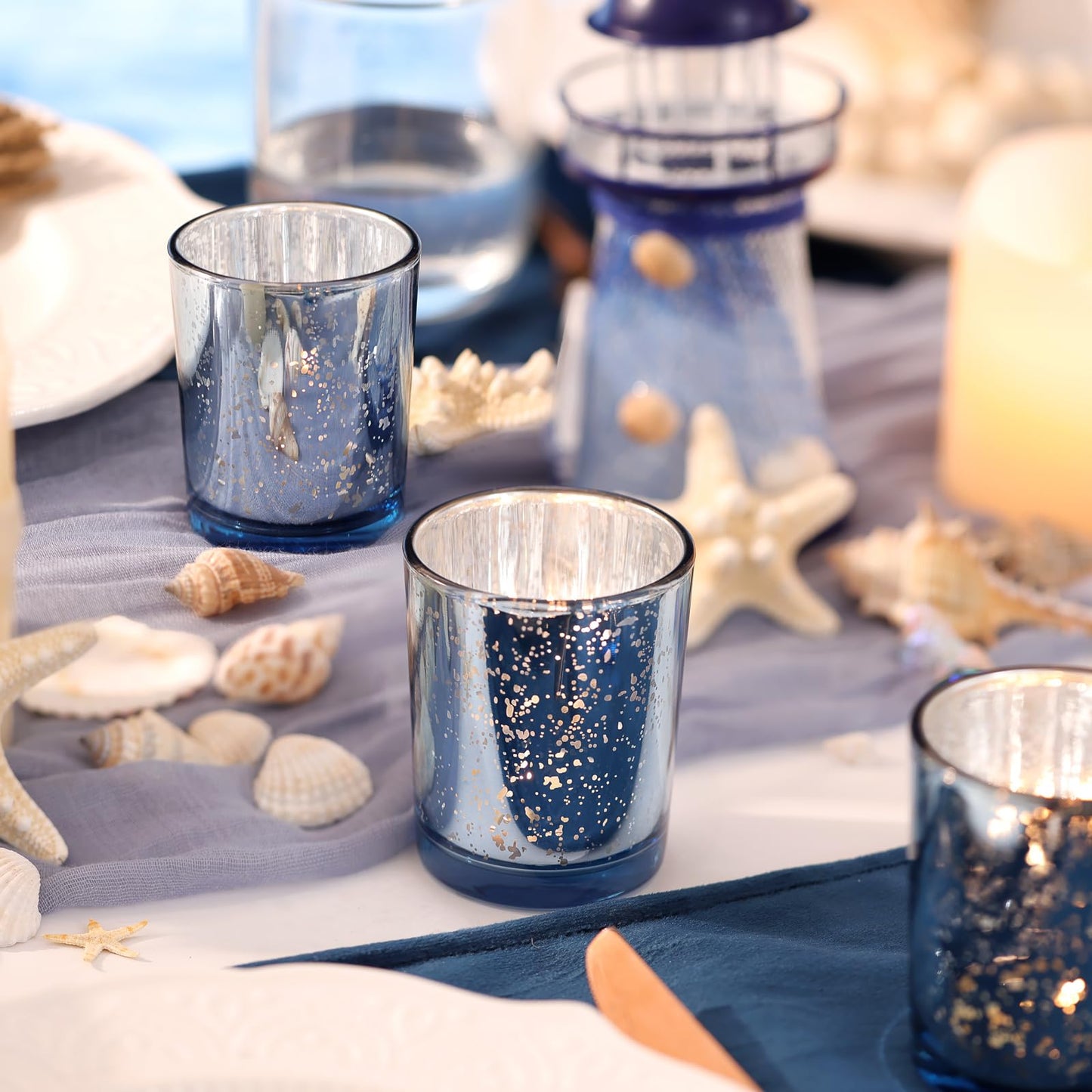 Volens Blue Votive Candle Holders Bulk, Mercury Glass Tealight Candle Holder Set of 12 for Wedding Centerpiece Table Decorations, Bridal Shower and Home Decor