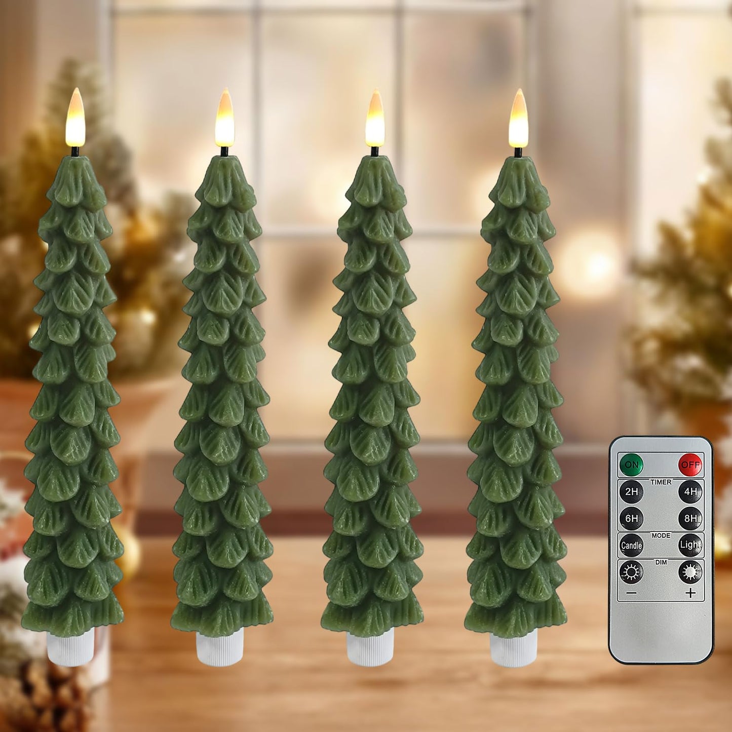 FCMSHAMD Green Christmas Trees Flickering Flameless Candles with Remote and Timer, Real Wax 3D Flame Wick LED Candles, 9.8 Inch Battery Operated Candles for Christmas Home Decoration，4PCS