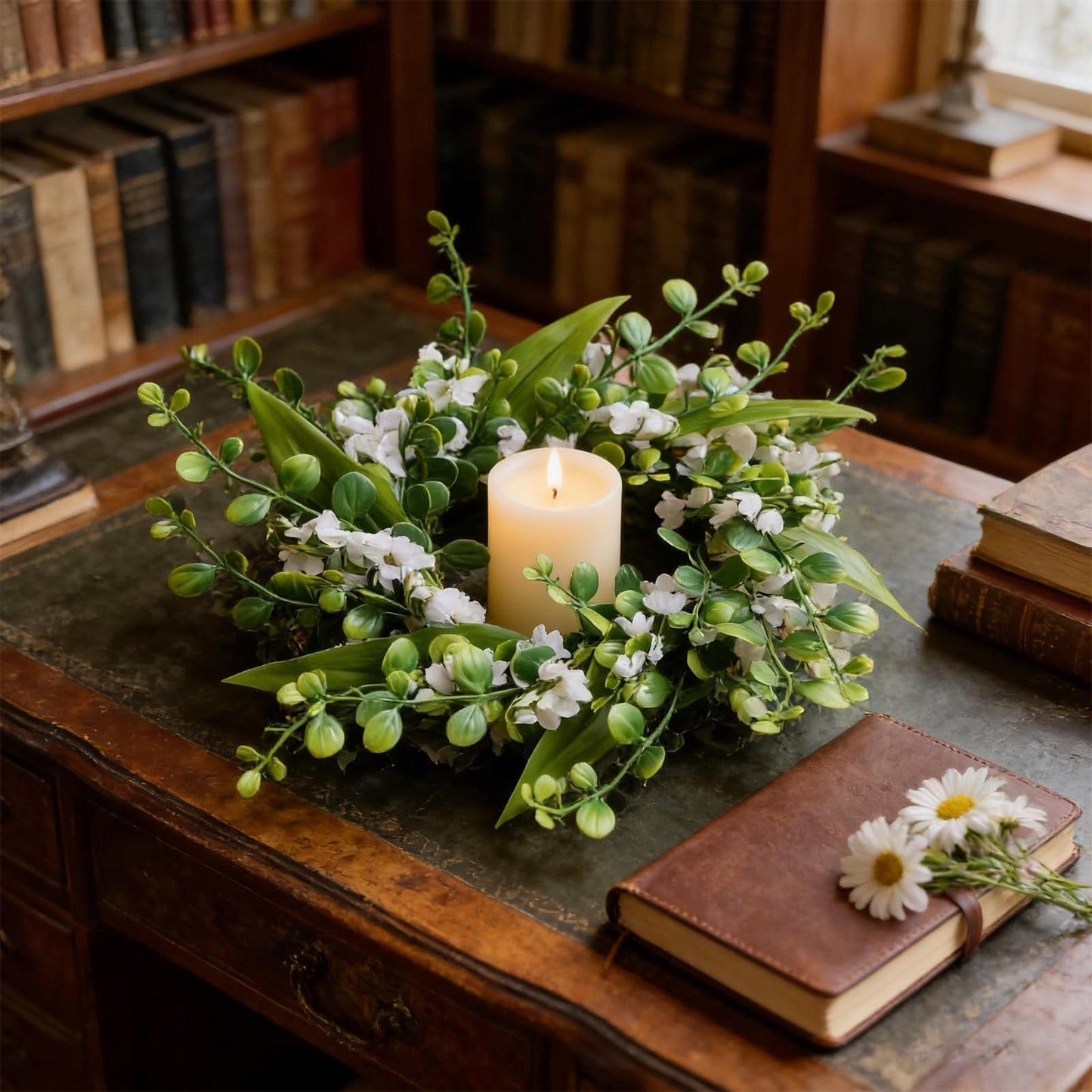 6 Pcs Green Boxwood Candle Rings Wreaths Mini Spring Summer Forsythia Wreath for Front Door Artificial Rings Wreaths with White Flowers for Pillar Porch Wall Window Farmhouse All Seasons Decor