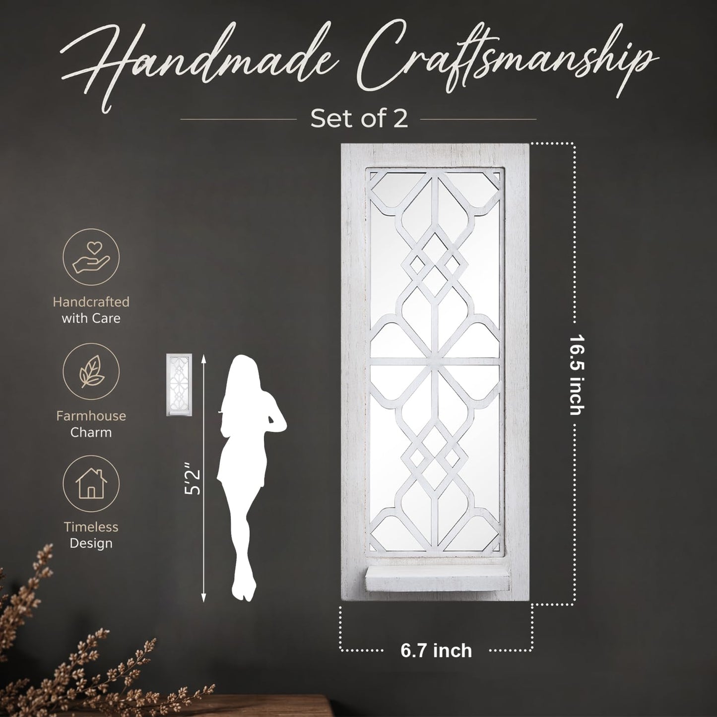 ZEXUIRU 2 Set Rustic Candle Sconces Living Room Bedroom Entryway Wood Mirrored, Farmhouse, Carved Frame Wall-Mount Wooden Candle Holders Wall Decor Hanging Handmade Holder - Distressed White