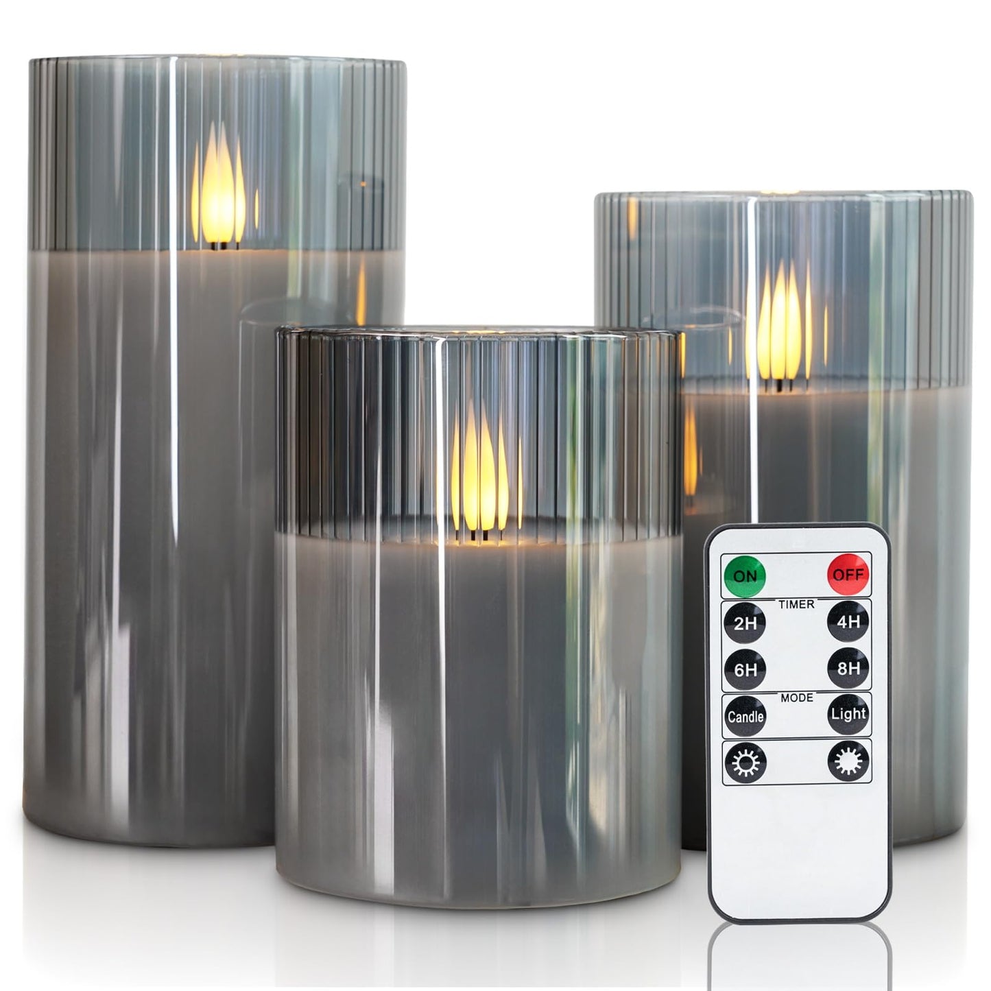 Amagic Grey Flameless Candles with Remote, Battery Operated Candles with Timer, Ribbed Glass LED Pillar Candles with Flickering Flame for Spooky Halloween Party Decor, Real Wax, Set of 3