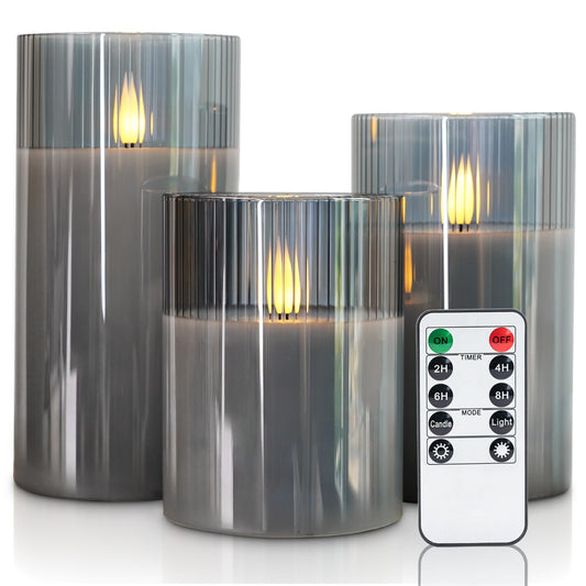 Amagic Grey Flameless Candles with Remote, Battery Operated Candles with Timer, Ribbed Glass LED Pillar Candles with Flickering Flame for Spooky Halloween Party Decor, Real Wax, Set of 3