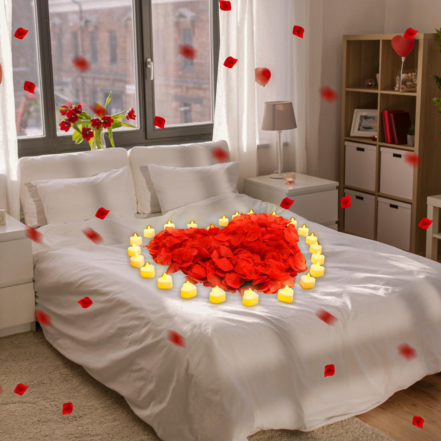 VIHOSE 4000 Pcs Artificial Rose Petals with 24 Pcs LED Tea Lights Candles Flameless LED Candles Fake Rose Petals for Wedding Birthday Party(Yellow Light, Red Petal)