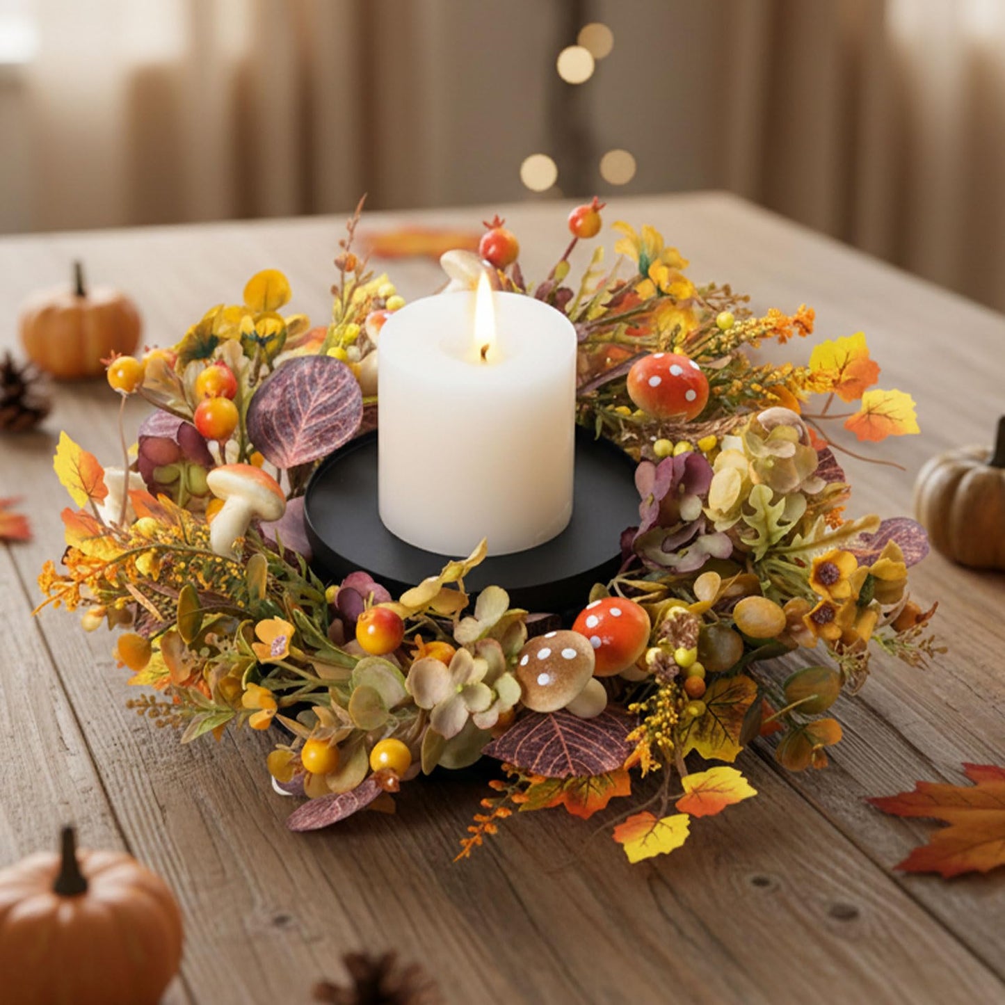 MOYEE Candle Holder Centerpieces for Tables,Candle Ring,Wreaths, Black Metal Candle Stick Paired Artificial Flowers 14 in Versatile Dining Table Centrepiece (Daisy Mushroom Wreath)