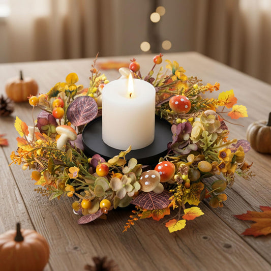 MOYEE Candle Holder Centerpieces for Tables,Candle Ring,Wreaths, Black Metal Candle Stick Paired Artificial Flowers 14 in Versatile Dining Table Centrepiece (Daisy Mushroom Wreath)