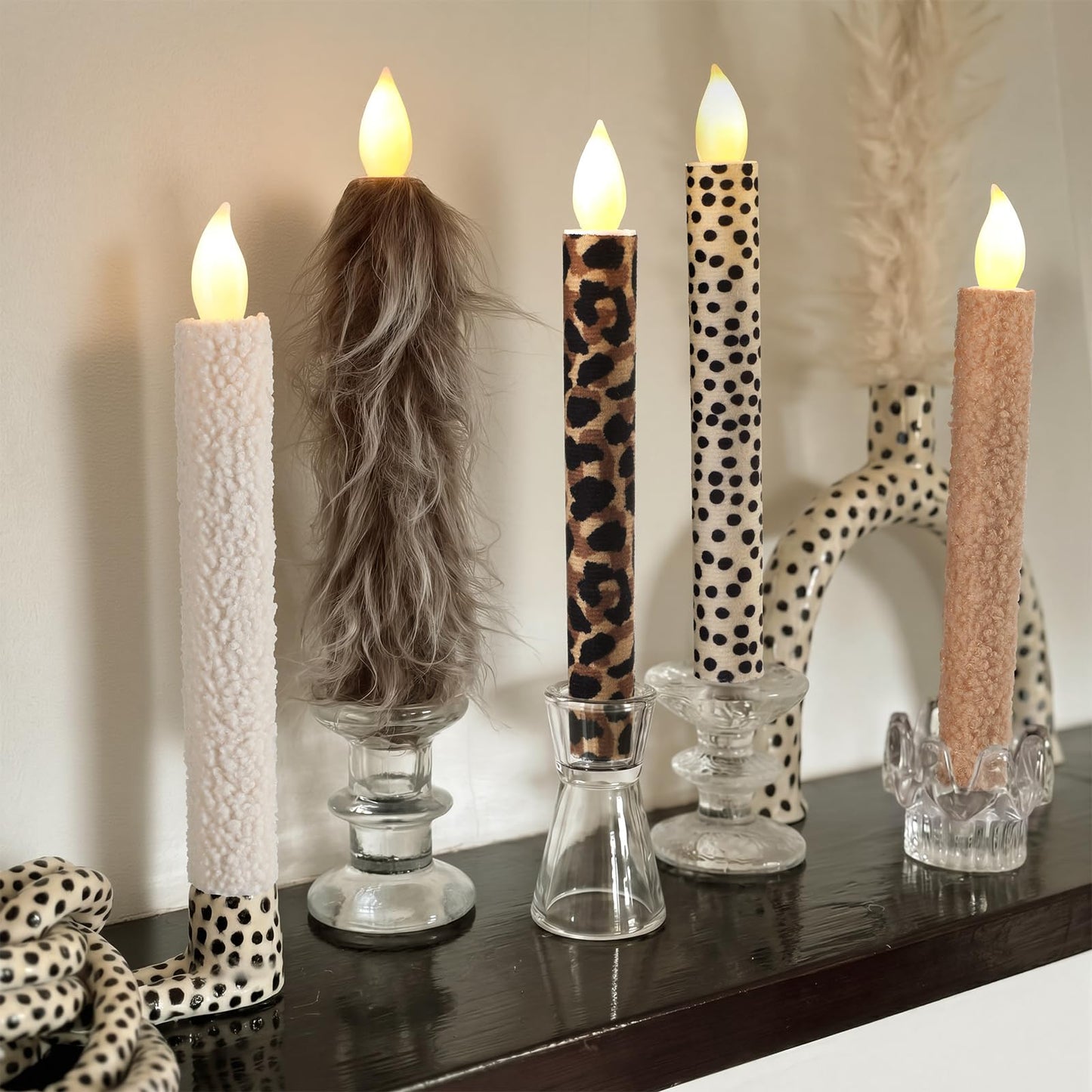 Fumete 5 Pcs Leopard Plush Candle 10.6 Inch Lambswool Flameless LED Taper Candlesticks Leopard Print Theme Decor Print Flameless Battery Operated for Dinner Table Home Bathroom Birthday Party Decor