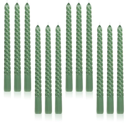 Tobeape 12 Pack 10 Inch Tall Sage Green Spiral Taper Candles, Unscented Dripless Twisted Wax Candles for Holiday Celebration Wedding Dinner Birthday Party Display Home Decor - 8 Hour Long Burning