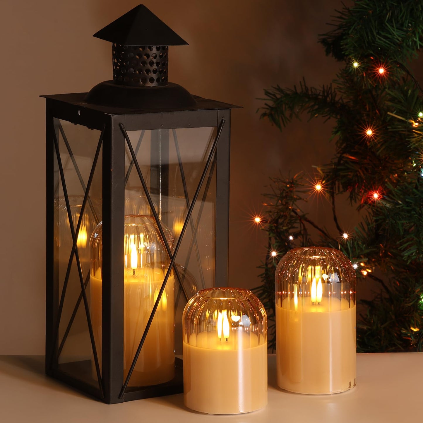 Girimax Gold Glass Flameless Candles with Remote, Real Wax Flickering Battery LED Pillar Candles Set of 3