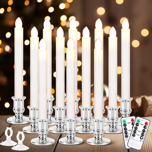 Qmioti 12 Pack Christmas Window Candles, Battery Operated Window Candles with Timer Remote, LED Window Candle with Candle Holders Suction Cups for Christmas Decorations, Silver
