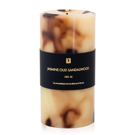 Lulu Candles - Jasmine, Oud & Sandalwood (3x6 Pillar Candle) - Highly Scented Premium Candles in Gifable Box for Home and Office - 100% Cotton Wick - Slow Burning & Long Lasting