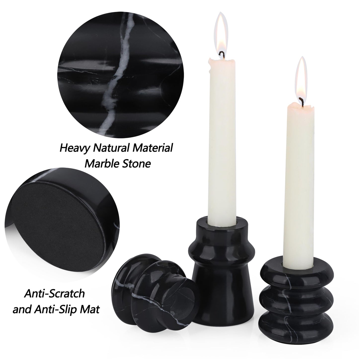 Vixdonos Marble Candle Holder Set of 3 Taper Candle Candlestick Mantle Candle Stand for Home Decor,Wedding,Party and Table Centerpieces(Black)