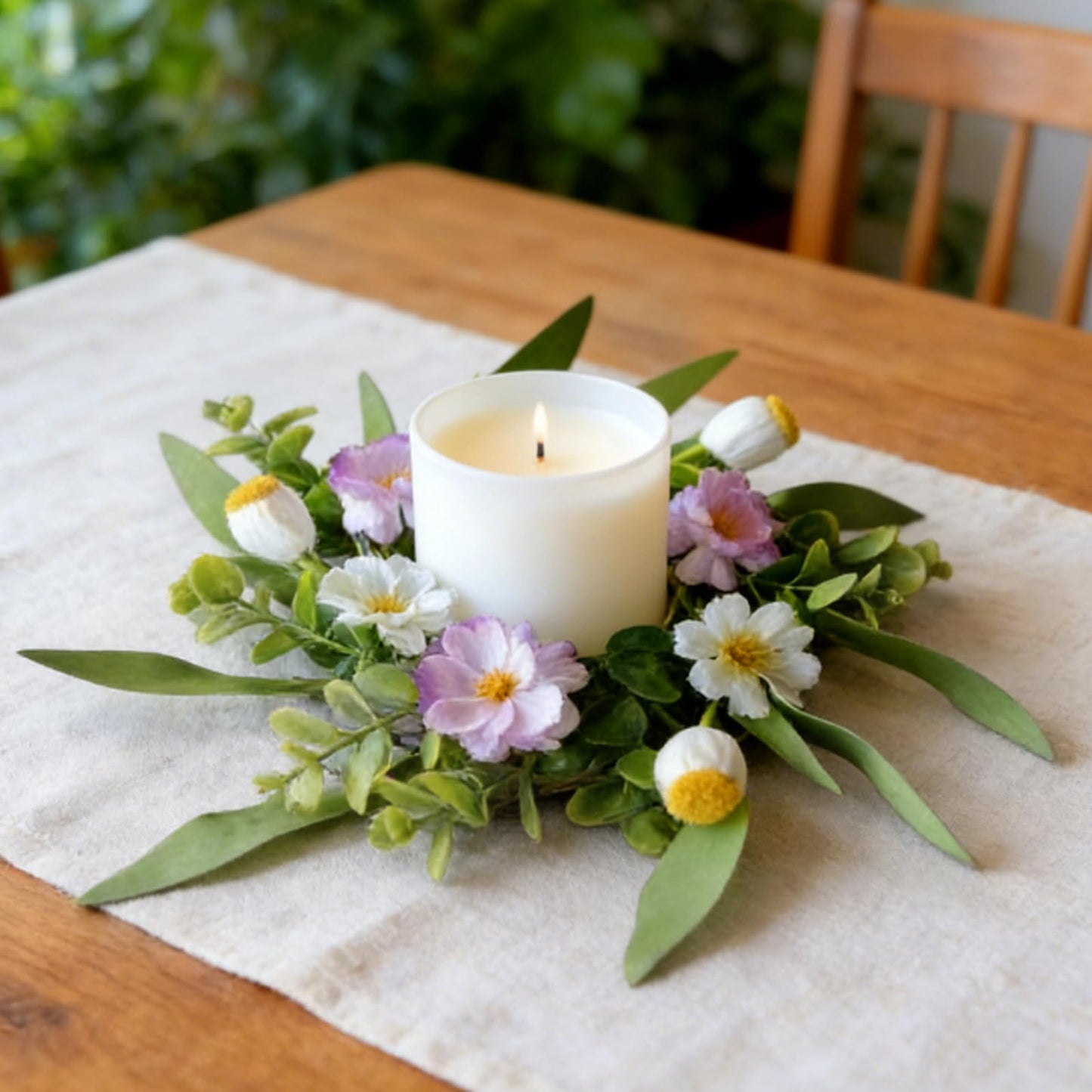 6 Pcs Small Spring Summer Candle Ring Wreaths with Artificial Pink White Flower and Yellow Fruit Mini Pillar Candle Holder Wreath with Lavender for Home Kitchen Cabinets Table Centerpieces Front Door