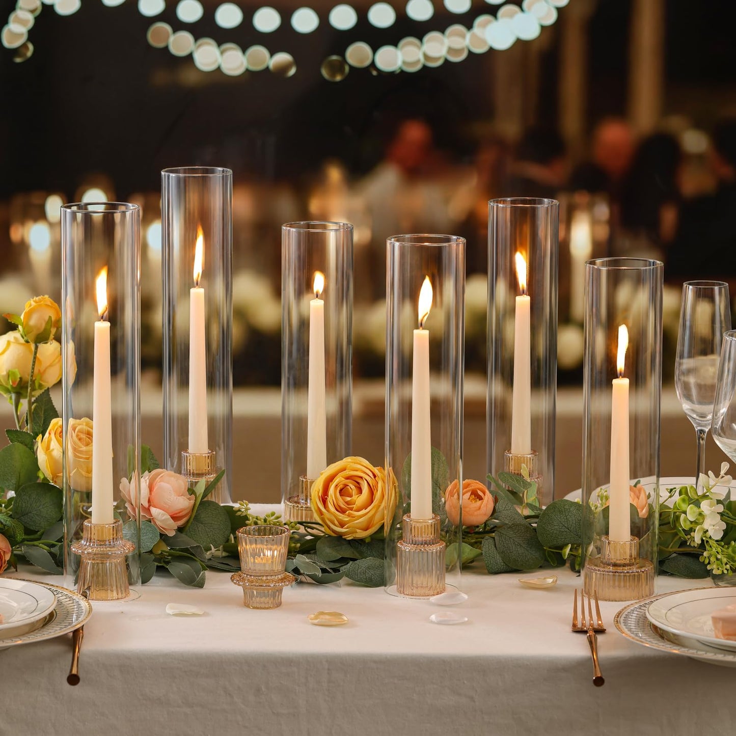 NITIME 9 Set Hurricane Glass Candle Holders for Table Centerpieces, Gold Candlestick Holders with Windproof Cylinder Covers(11.8"/12.6"/13.8" H), Taper Candle Holders for Wedding, Party and Home Decor