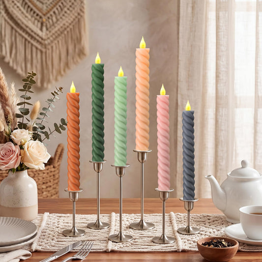 Baquler 6 Pcs Pastel Flameless Taper Candle Twisted 9.65 in Spring Colorful Taper Candles Battery Operated Pastel Spiral Candlestick LED for Wedding Birthday Home Party Holiday Dinner Fireplace