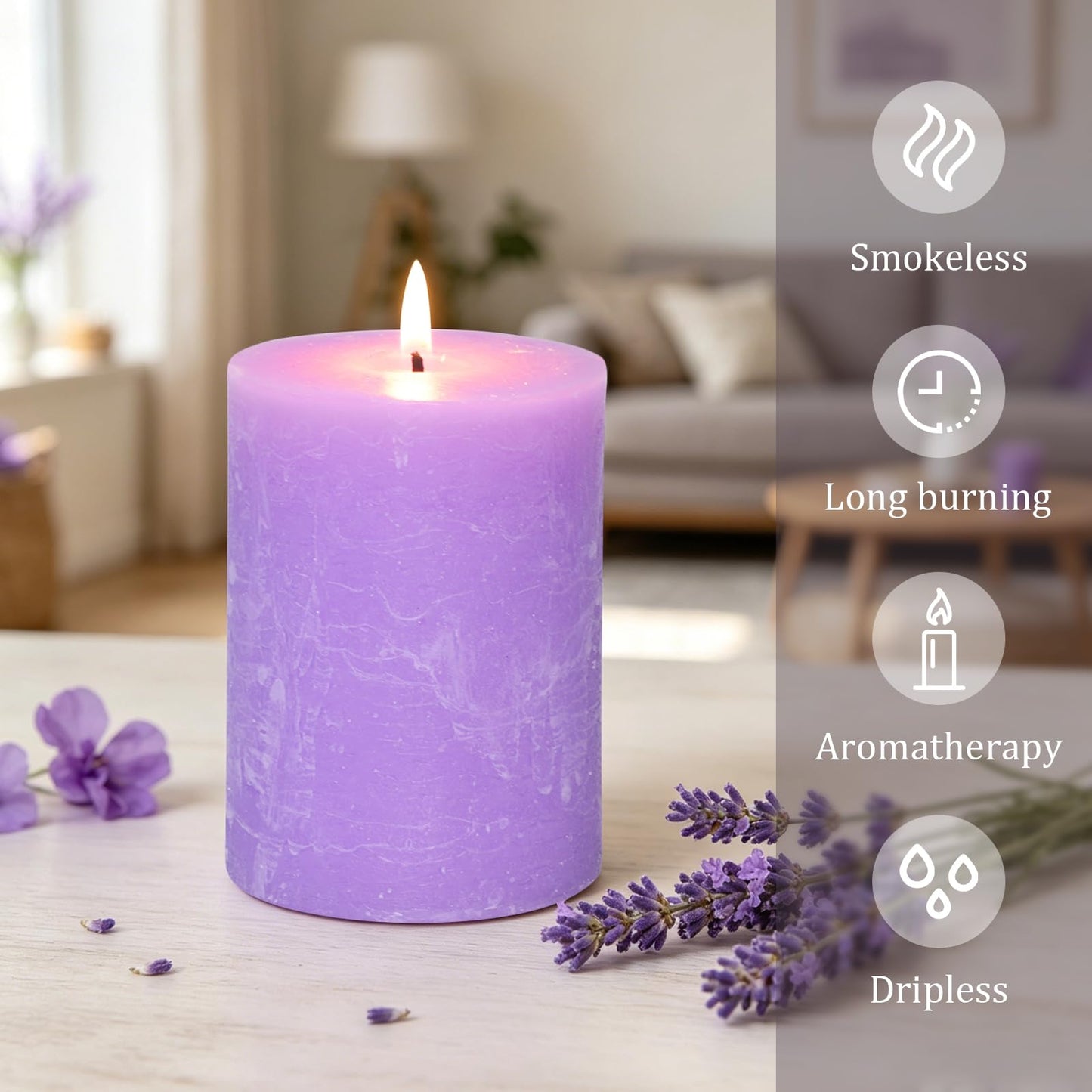 Cafemoon 3 Pack 3x4 Inch Lavender Scented Pillar Candles, Rustic Rough Textured Purple Candles, 35+ Hours Long Burning Smokeless Dripless for Home Decor Bathroom Shelf Dinner Party Spa Gift