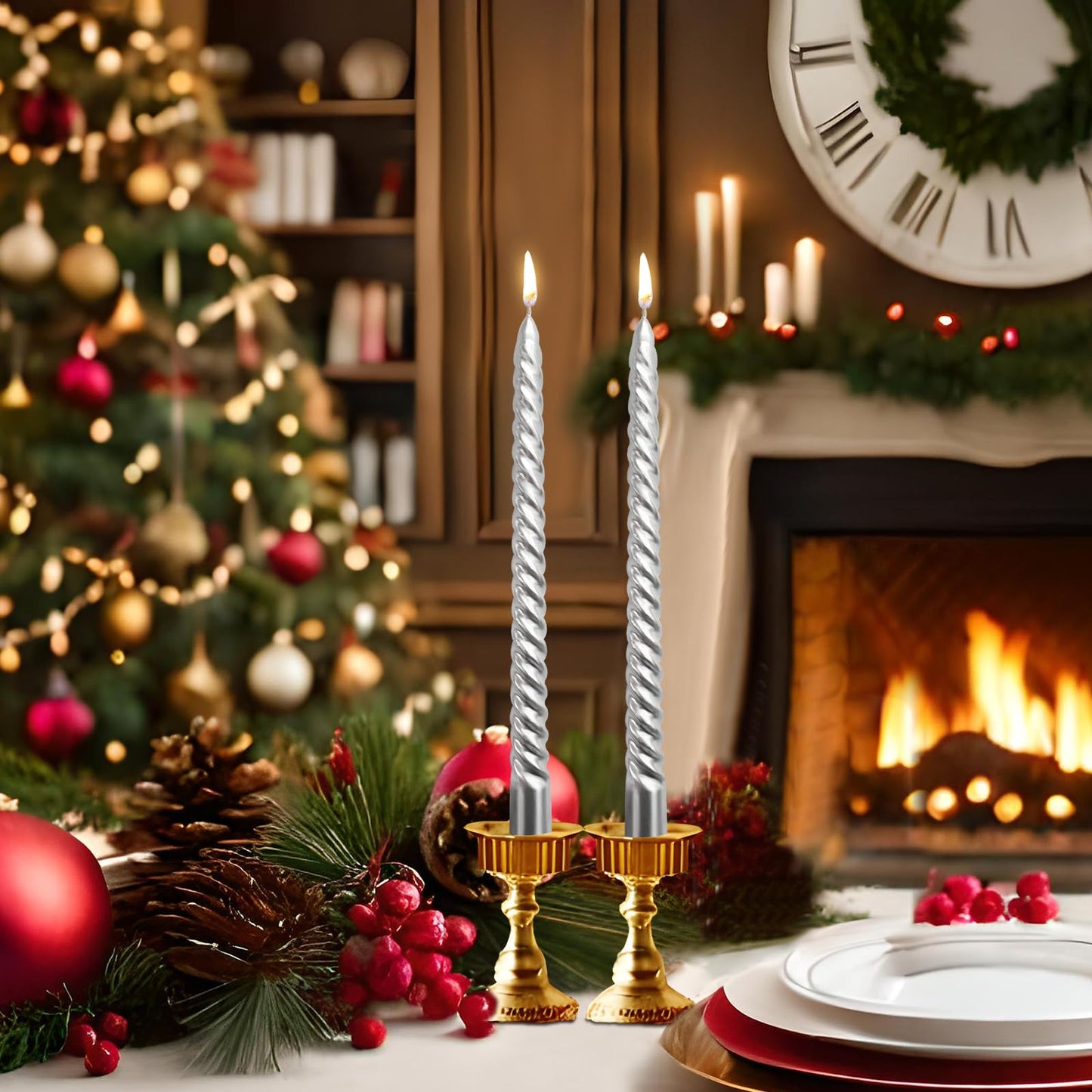 10 Inch Silver Spiral Taper Candles Set for Holiday Decor, 12 Pack Unscented Twisted Candlesticks, Dripelss Thin Tapered Candles for Wedding Dinner Parties Galas Award Ceremonies Religious