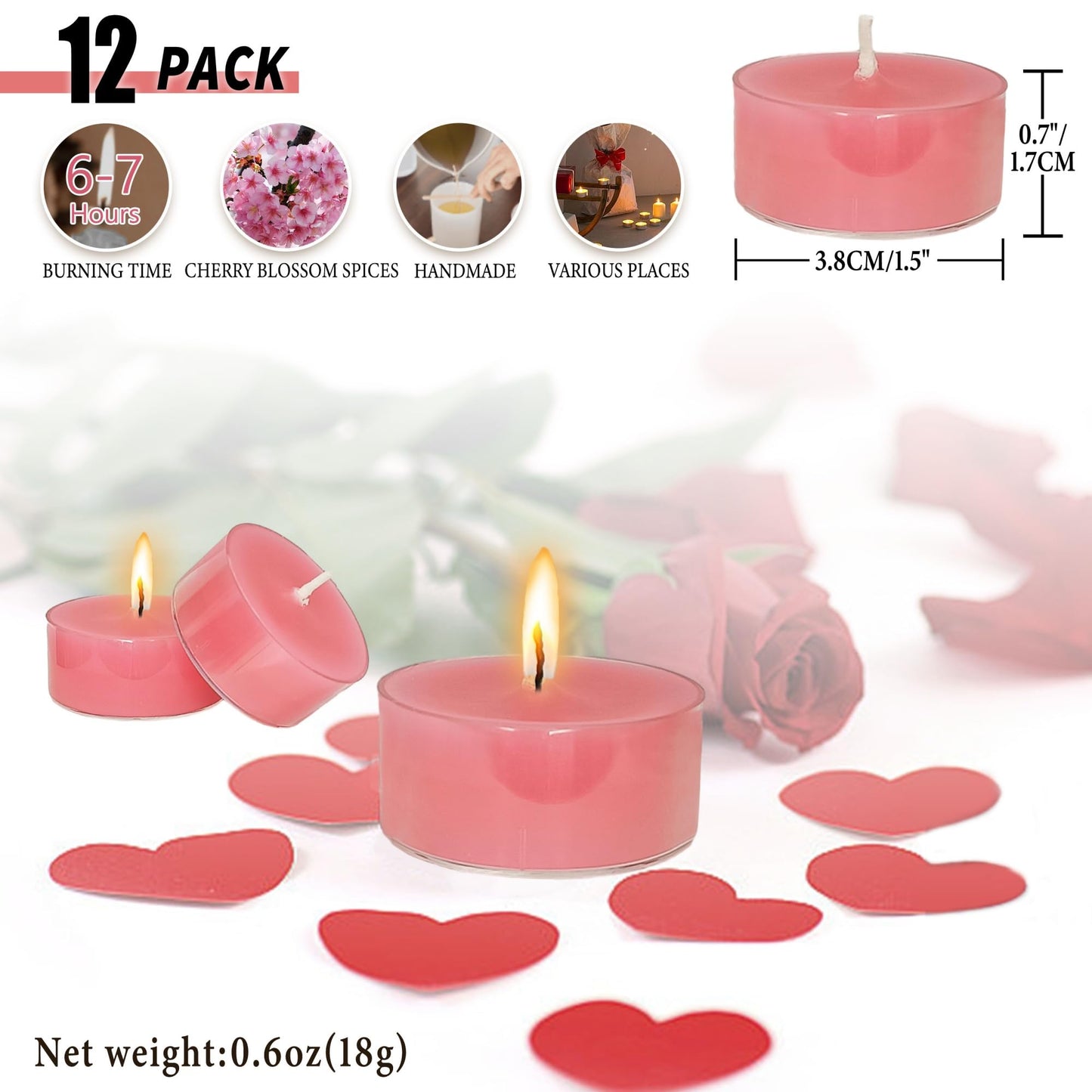 Cherry Scented Tealight Candles Handmade Candlesticks,12pcs Pink FragranceRound Tea Light Candles Natural Bees Wax Tealight Candle Smokeless for Spa Home Party Decor (12S-RDCB)