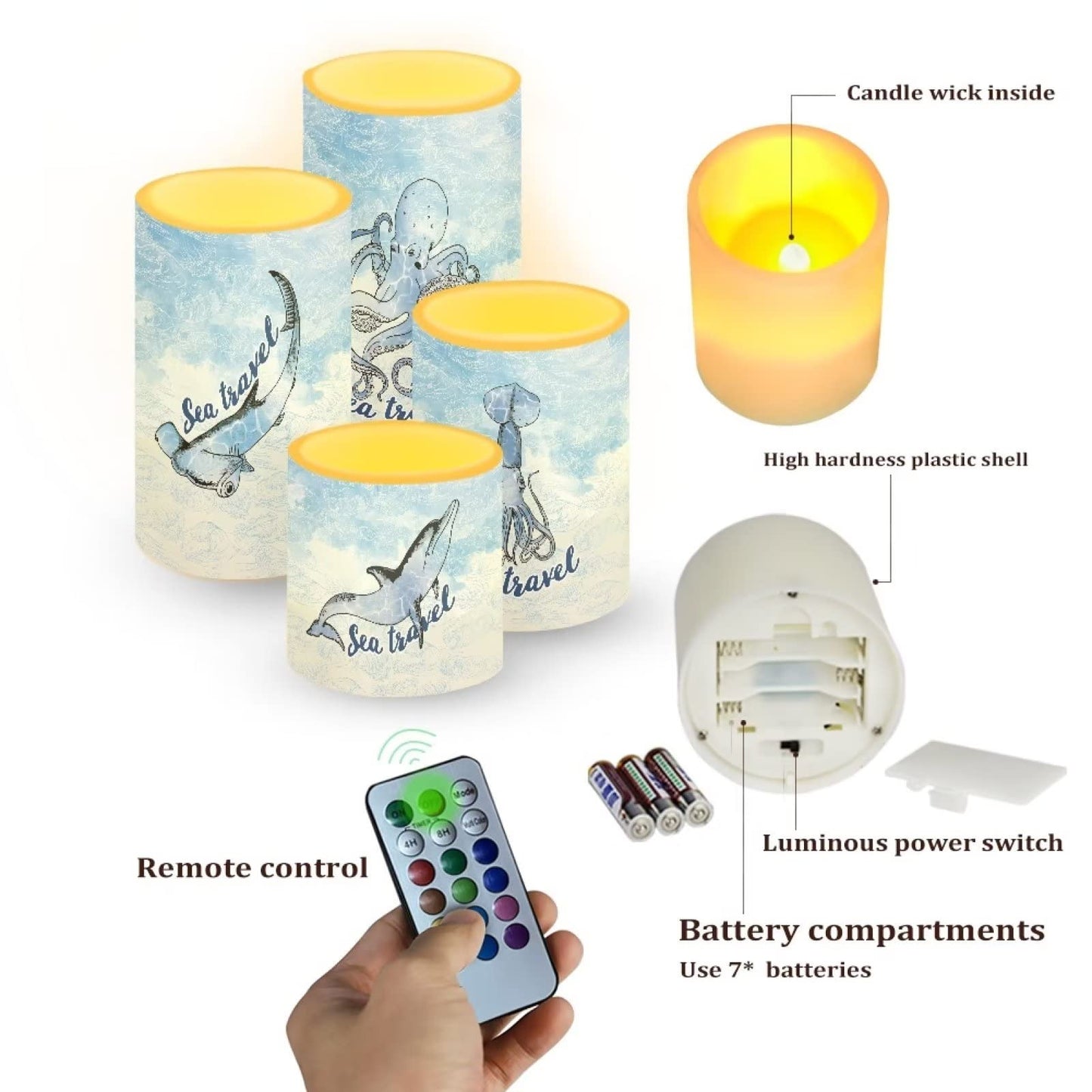 Cozeyat Flameless Tealights 4 Pieces,Sea Travel Pattern Electric Tea Lights in Warm Yellow,Flickering Wax Moving Votive Candles with Remote Control,Daily Use