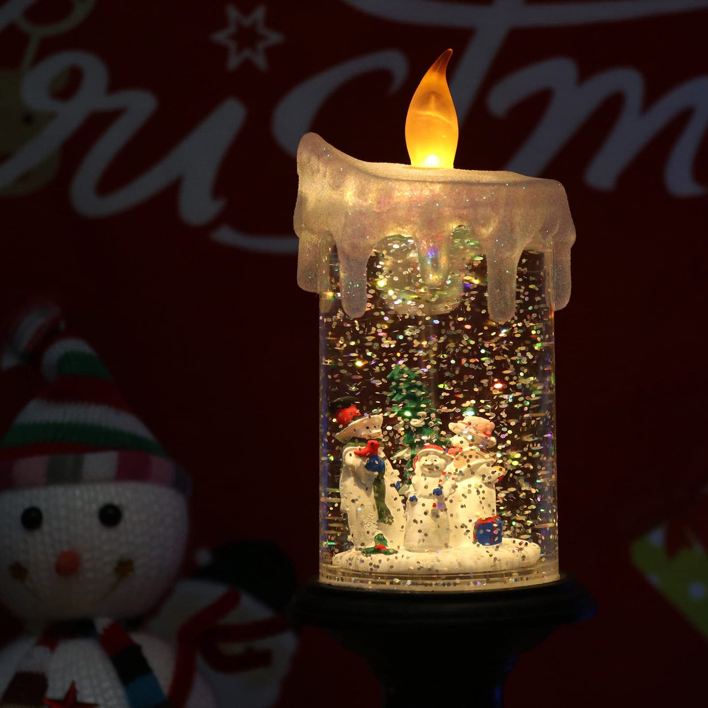 Eldnacele Christmas Snow Globe Candle Battery Operated Lighted Flameless Candles Light Swirling Water Glittering Spinning Candles for Home Decoration(Snowmen Family)