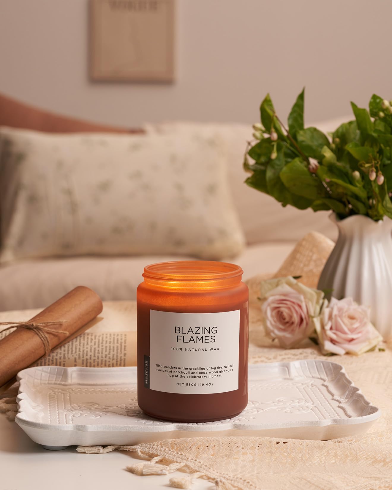 M&SENSE Blazing Flames Scented Candles, Soy Wax 19.4oz 110 Hours Long Lasting Clean Burn, Warm Woods Aromatherapy Candles for Relaxation Large Candle Birthday Holiday Gifts for Men Women
