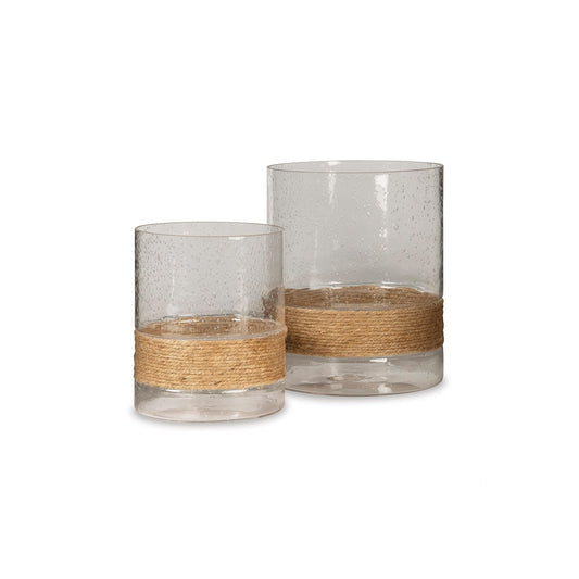 Signature Design by Ashley Eudocia Coastal 2 Piece Glass Candle Holder Set with Rope Base, Clear & Brown
