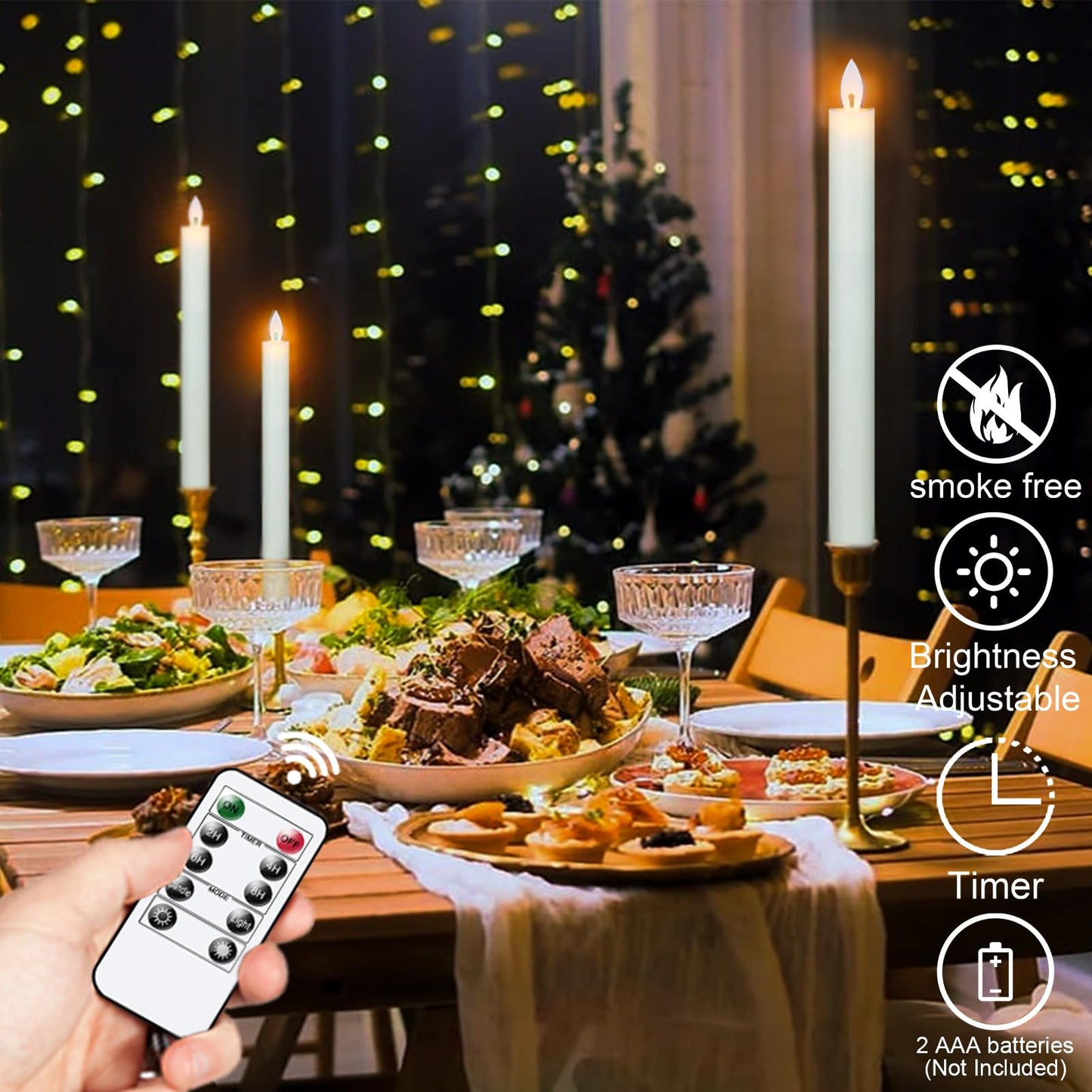 Wondise Flameless Taper Candles Remote with Timer, Battery Operated Real Wax Ivory LED Taper Candles for Christmas Window Decoration, Set of 4(D0.78 x H9.5 Inch)