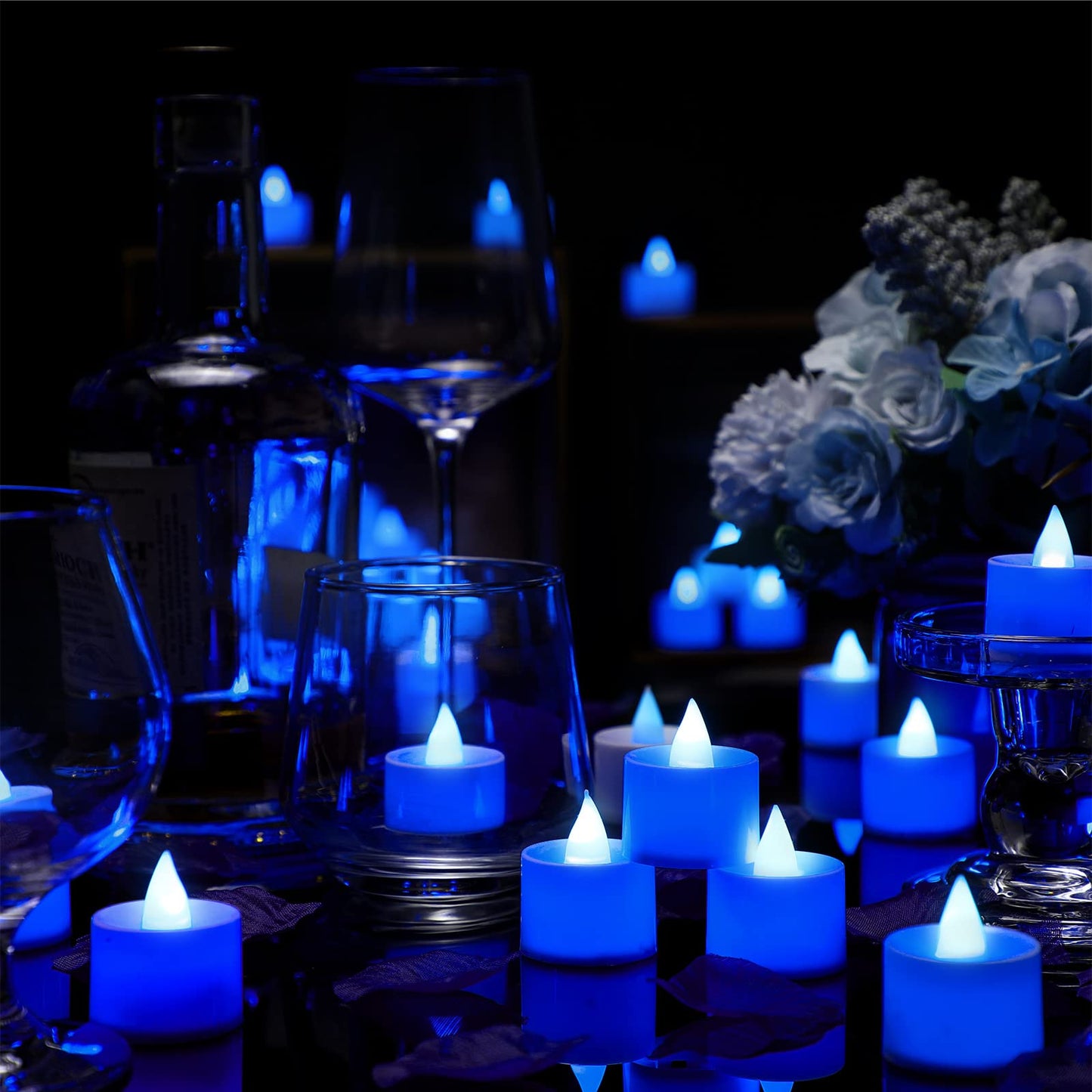 Coume 6000 Pcs Artificial Rose Petals with 72 Pcs Flameless LED Candles Romantic Decorations Fake Candles Anniversary Decorations for Valentine's Day Wedding Night(Blue)