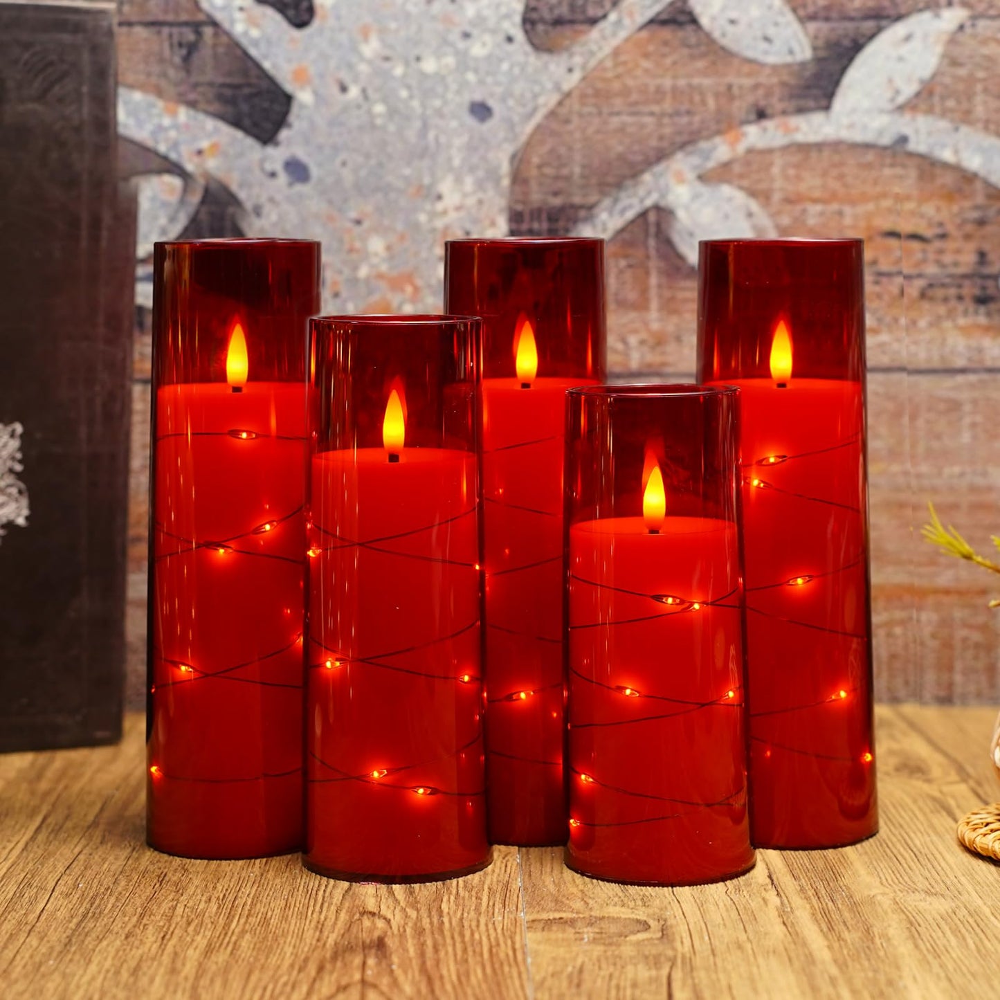 Eebuss Flameless Candles with Embedded Star String, Battery Operated LED Pillar Candles with Timer and Remote Control,Home Decorating for Ambiance， Set of 7 (Red)