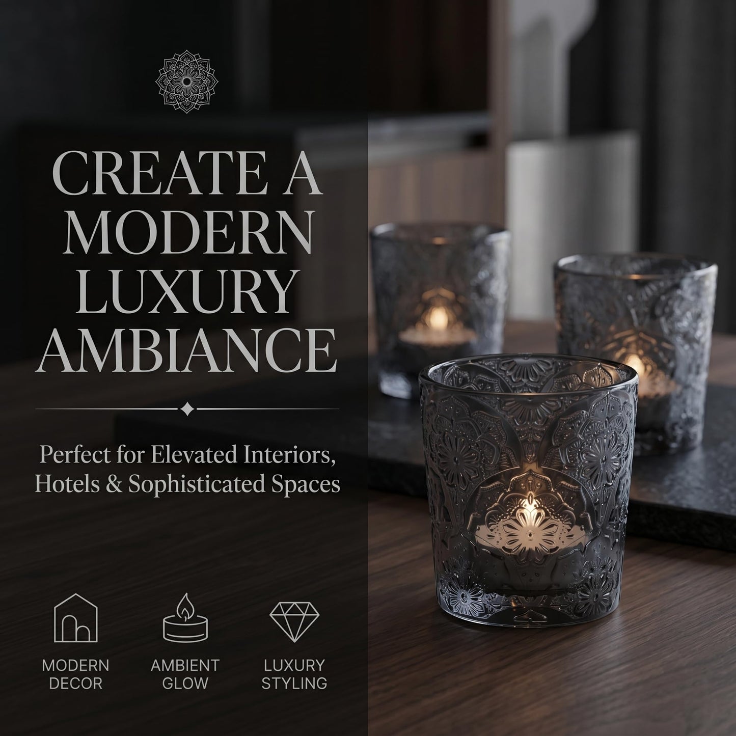 6 Pack Mandala Embossed Glass Candle Holders – Votive Tealight Holders with Patent Design, Decorative Embossed Glass Cups for Wedding Centerpieces, Parties, and Home Décor (Smoky Quartz)