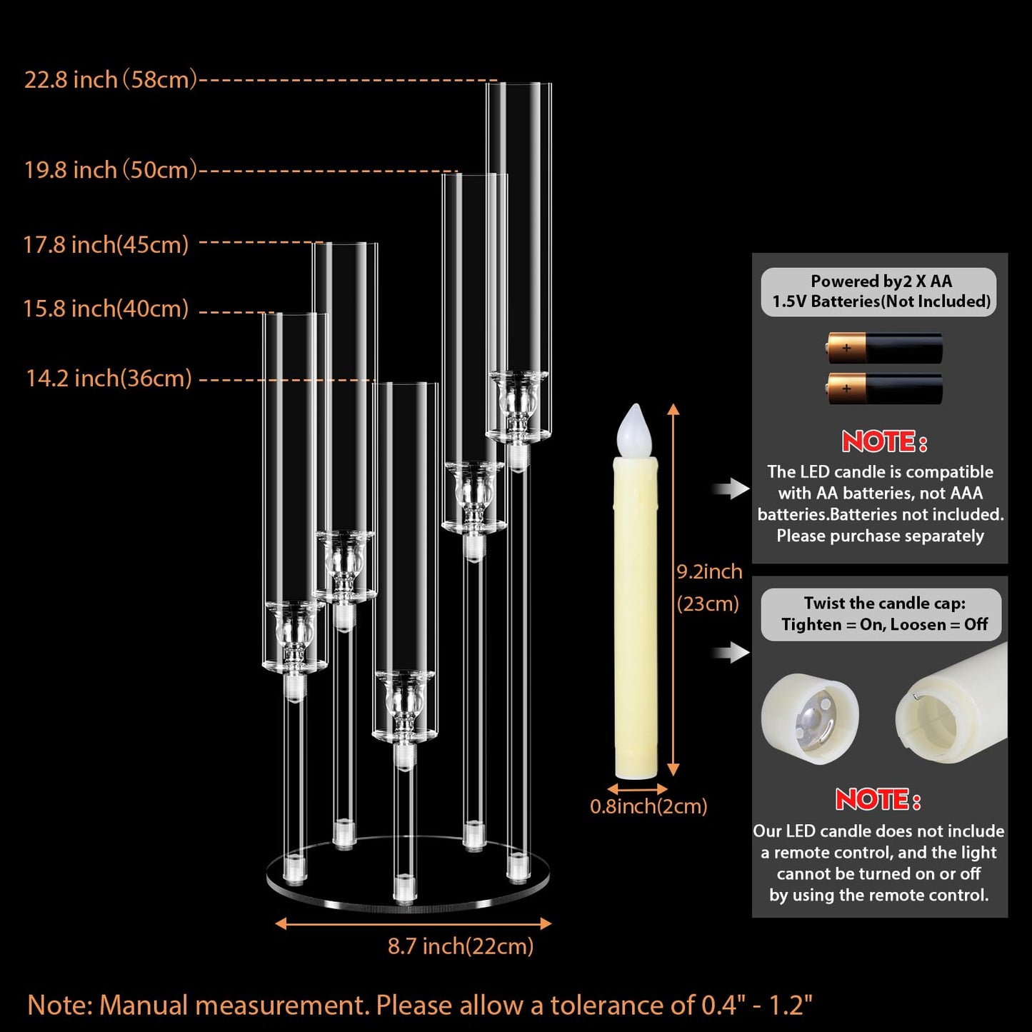 Cheloment 4 Sets 5 Arms Acrylic Candelabra Centerpieces for Tables, 22.8" Clear Candle Holder for Wedding Dinner Party and Home Decor,Candlesticks Holder with LED Candles