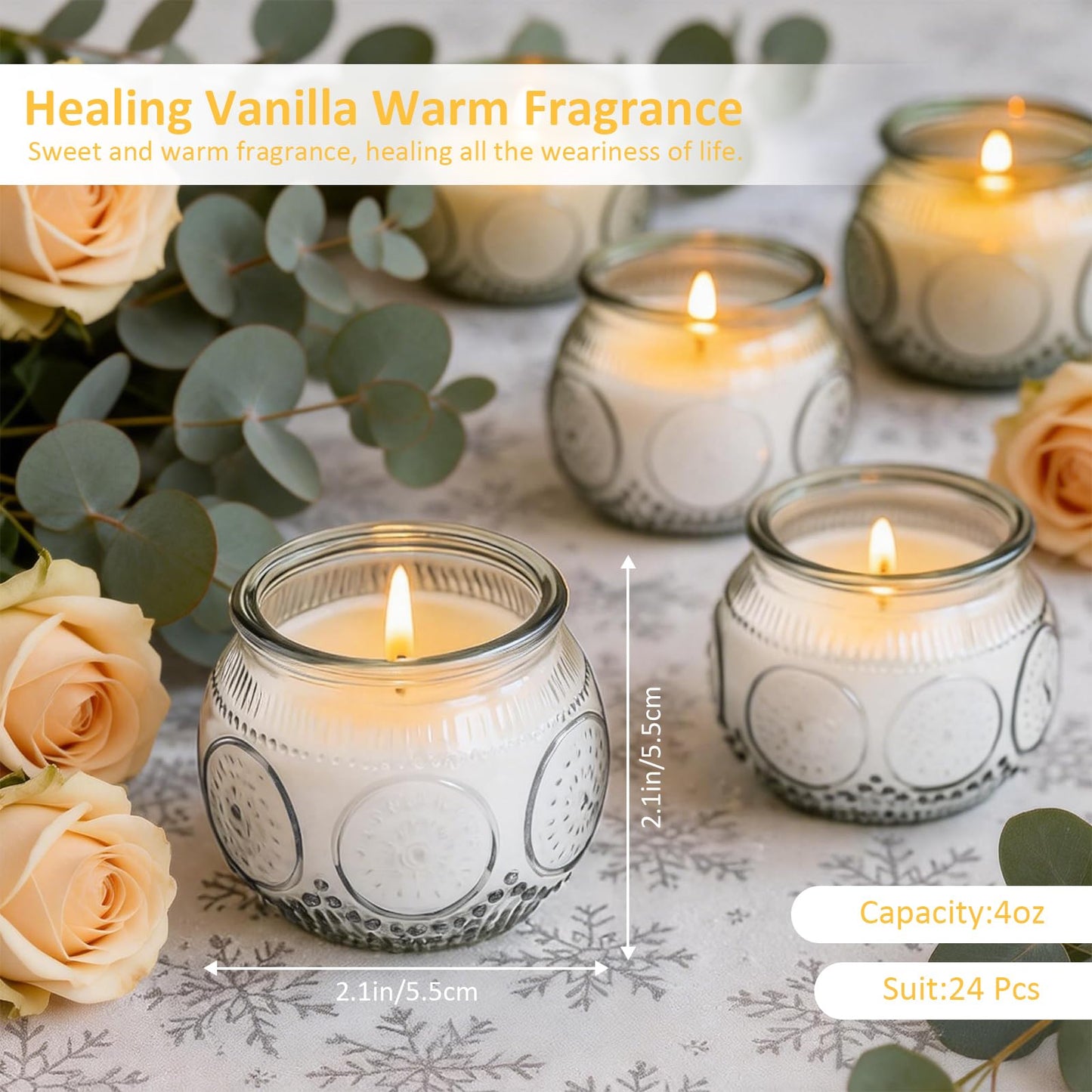 Veiuwa 24 Pack of 4 Oz Mini Soy Candles, Vanilla Scented Candle Set in Vintage White for Home, Gifts, Party Favors, Spa & Relaxation It's a Very Holiday Gift to Give to Family and Friends!