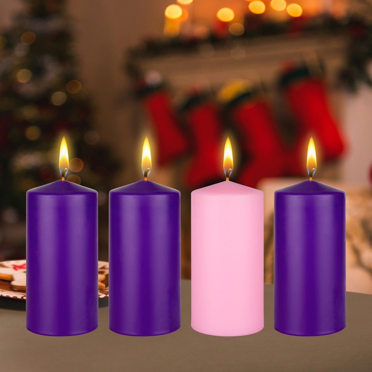 Mega Candles 4 pcs Unscented Christmas Advent Candles Set, Hand Poured Premium Wax Dome Top Round Pillar Candle 3 Inch x 6 Inch, Holidays, Festivities, Devotional, Church, Wreath, Party, Gifts