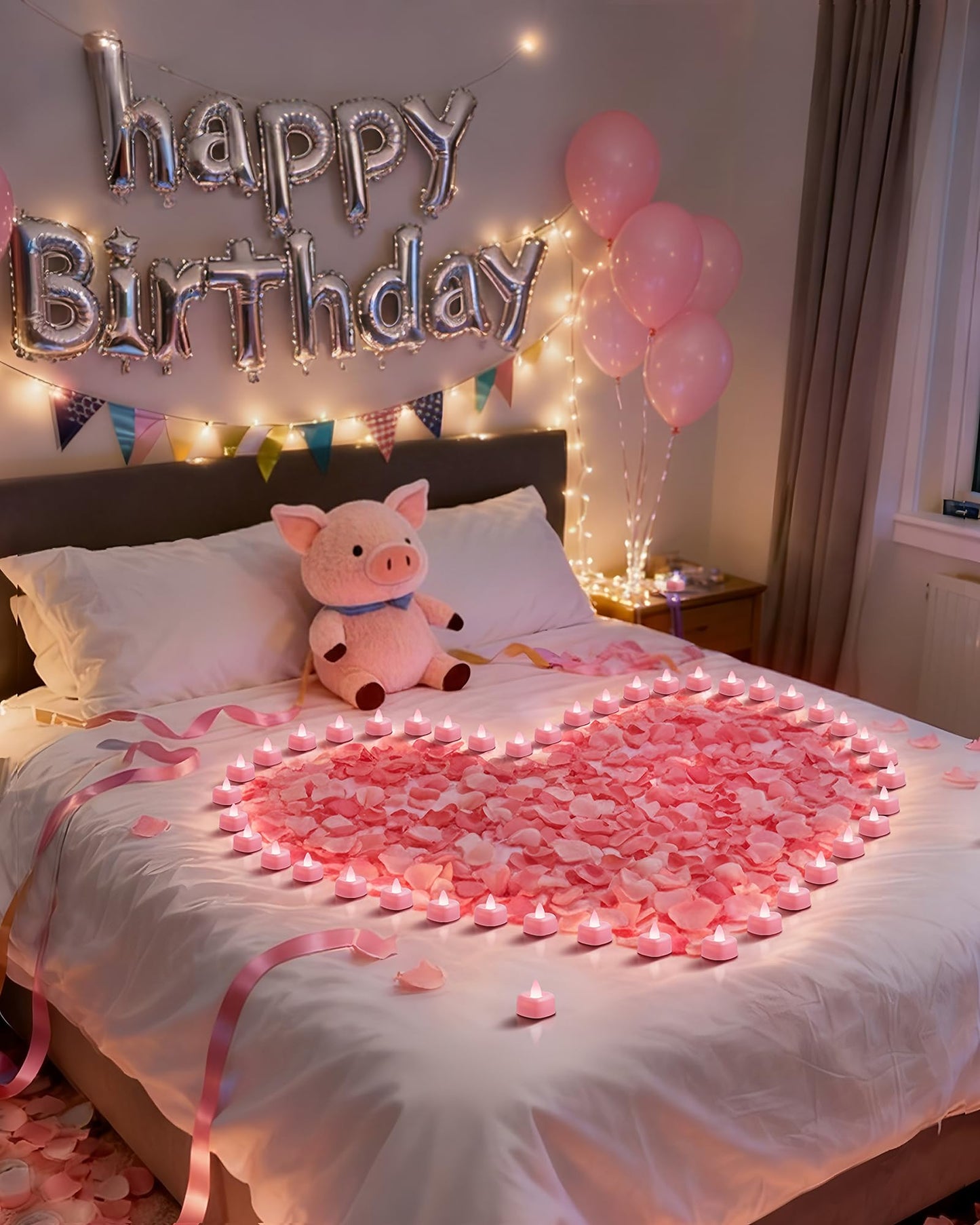 Amagic 4000 Pieces Pink Artificial Rose Petals with 50 Pink Heart LED Tea Lights, Rose Petals and Candles Set for Proposal, Anniversary, Romantic Night, Wedding Decor