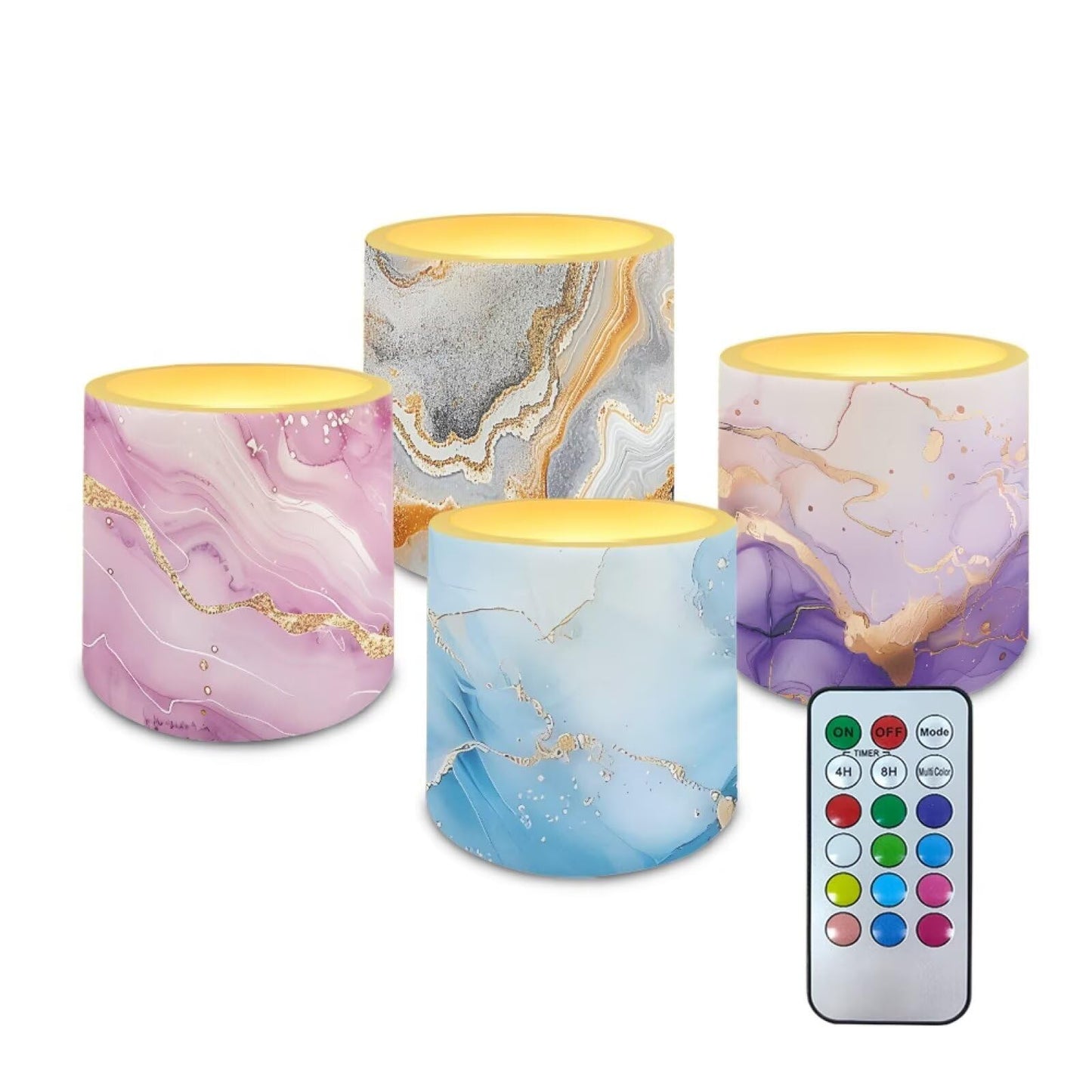 NETILGEN 4 Pieces Flameless Candles with Remote Timer with Battery Operated LED Pillar Candles 3 inch Realistic Flickering Flameless Candles Colorful Marble Print