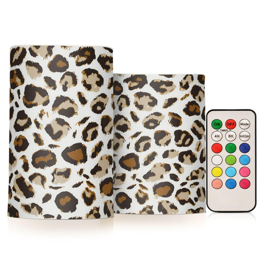 GUIJI Leopard Print - White Flameless Candles, Set of 2, Battery Operated, Pillar Candles for Home Decoration, Christmas, Party