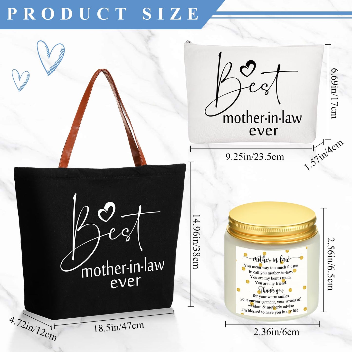 Domensi 4 Pack Mom Gifts Best Mother in Law Ever Gift Tote Bag 20oz Tumbler Cup Makeup Bag Mother in Law Scented Candle for Mothers Day Women(Navy Blue)
