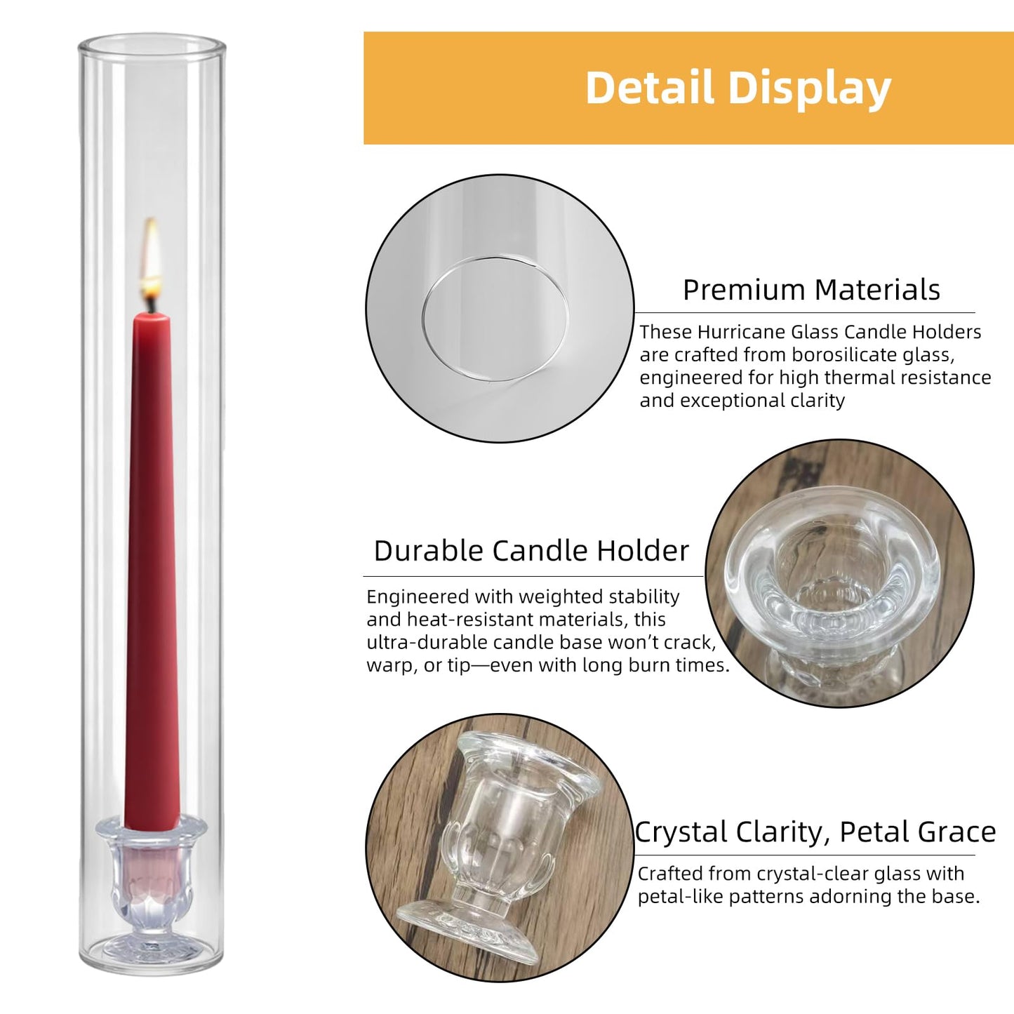 Glass Hurricane Candle Holders – 12 Clear Cylinder Covers & 12 Taper Candlestick Holders, 2.6" D x 13.8" H Windproof Candle Holders for Wedding, Patio Table, Outdoor Christmas Party Décor (12)